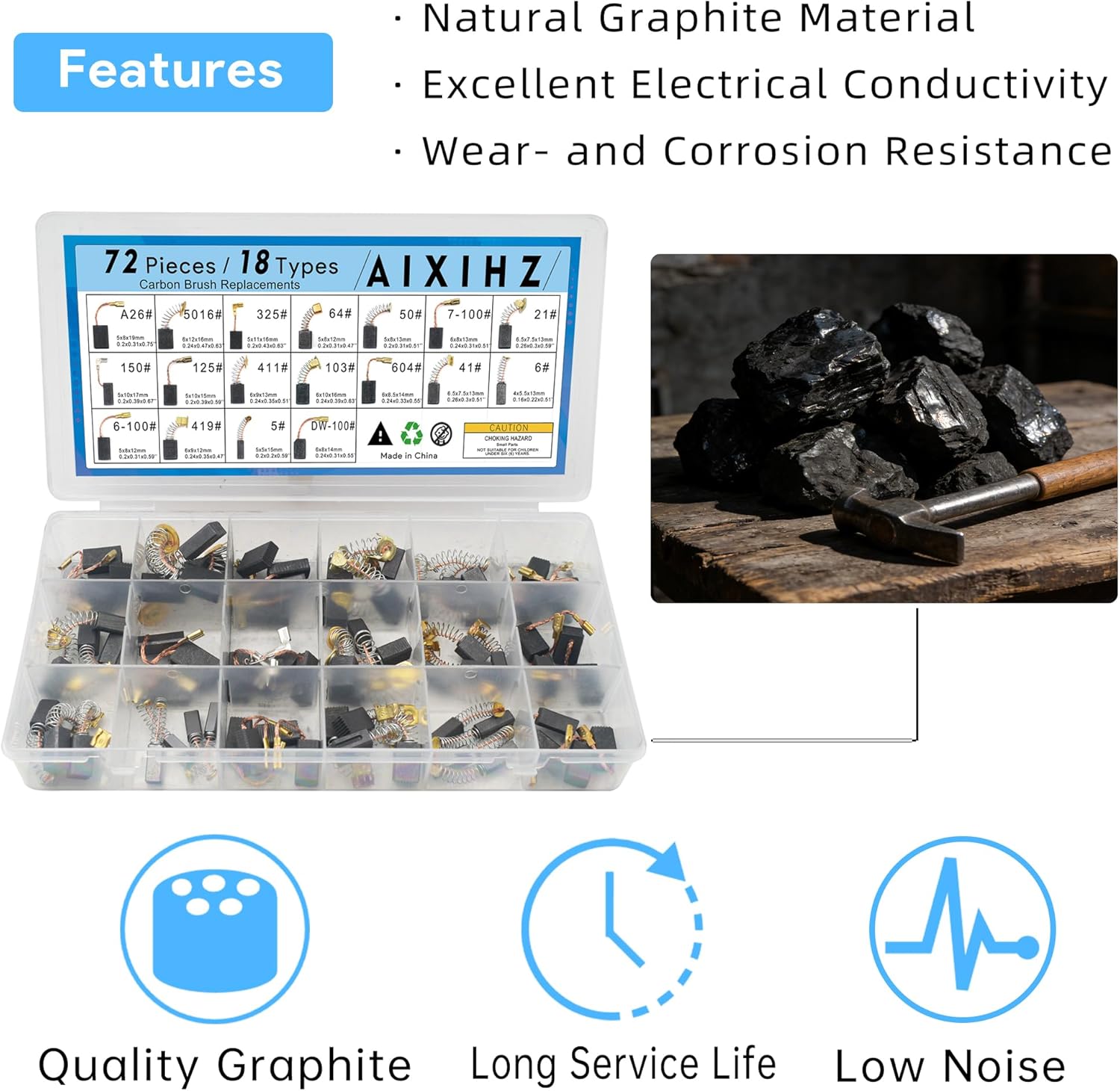 72 PCS Carbon Brushes Set, 18 Sizes Motor Brushes by Size Replacement for Power Tools, Universal Carbon Brush Kit Compatible with Electric Hammer Drills, Angle Grinders, Circular Saws