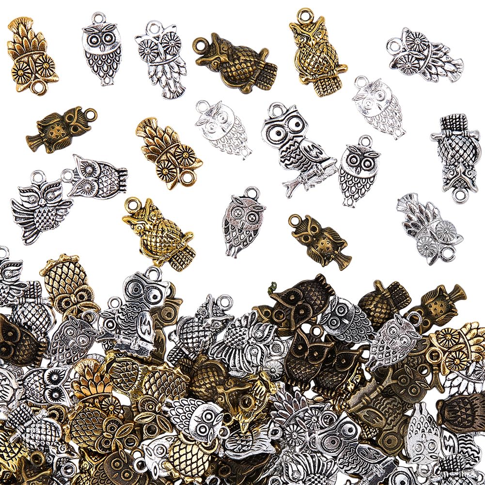 SUNNYCLUE 108Pcs 18 Styles Metal Owl Charms Bulk Silver Animal Charm Tibetan Alloy Antique Gold Owls Bird Pendants for Jewellery Making Crafts Earrings Necklaces Bracelets Keychain DIY Accessories