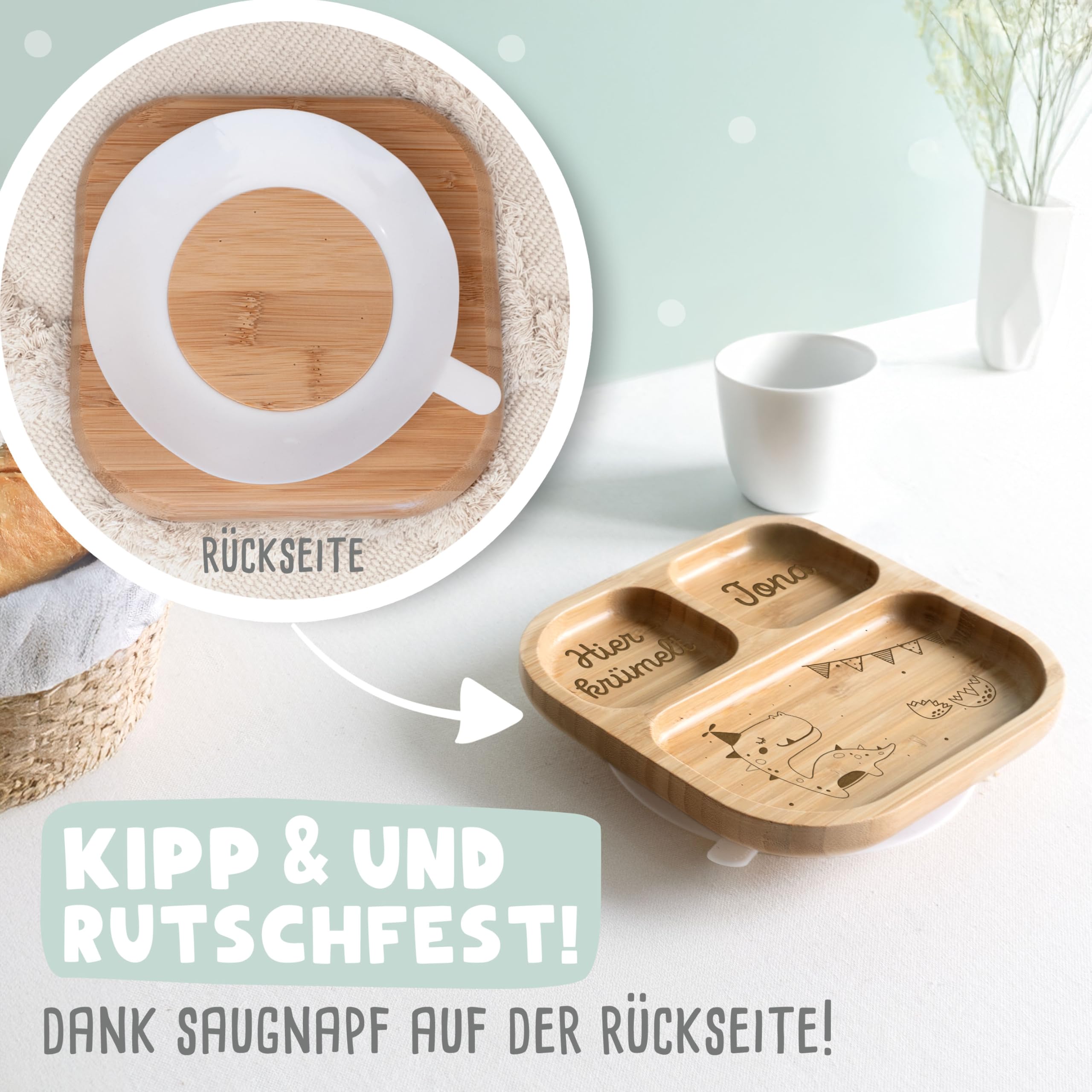 hellomini Personalisierter Babyteller mit Saugnapf – Individueller Kinderteller aus hochwertigem Bambusholz – Geschenk zur Geburt & Taufe – BPA-frei (Dino, Nur Teller)