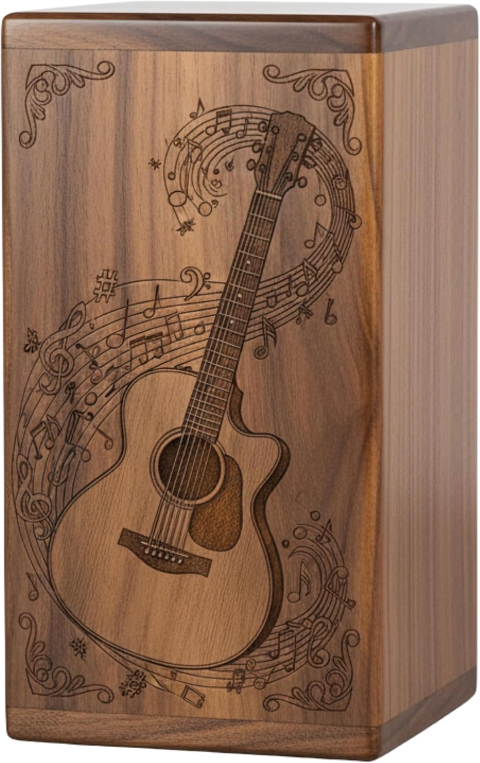 Urnique Handcrafted Wood Cremation Urn for Human Ashes - Elegant Guitar & Musical Notes Design, Solid Rosewood, Adult Memorial Funeral Urn with Secure Sliding Bottom - Tributes for Loved Ones