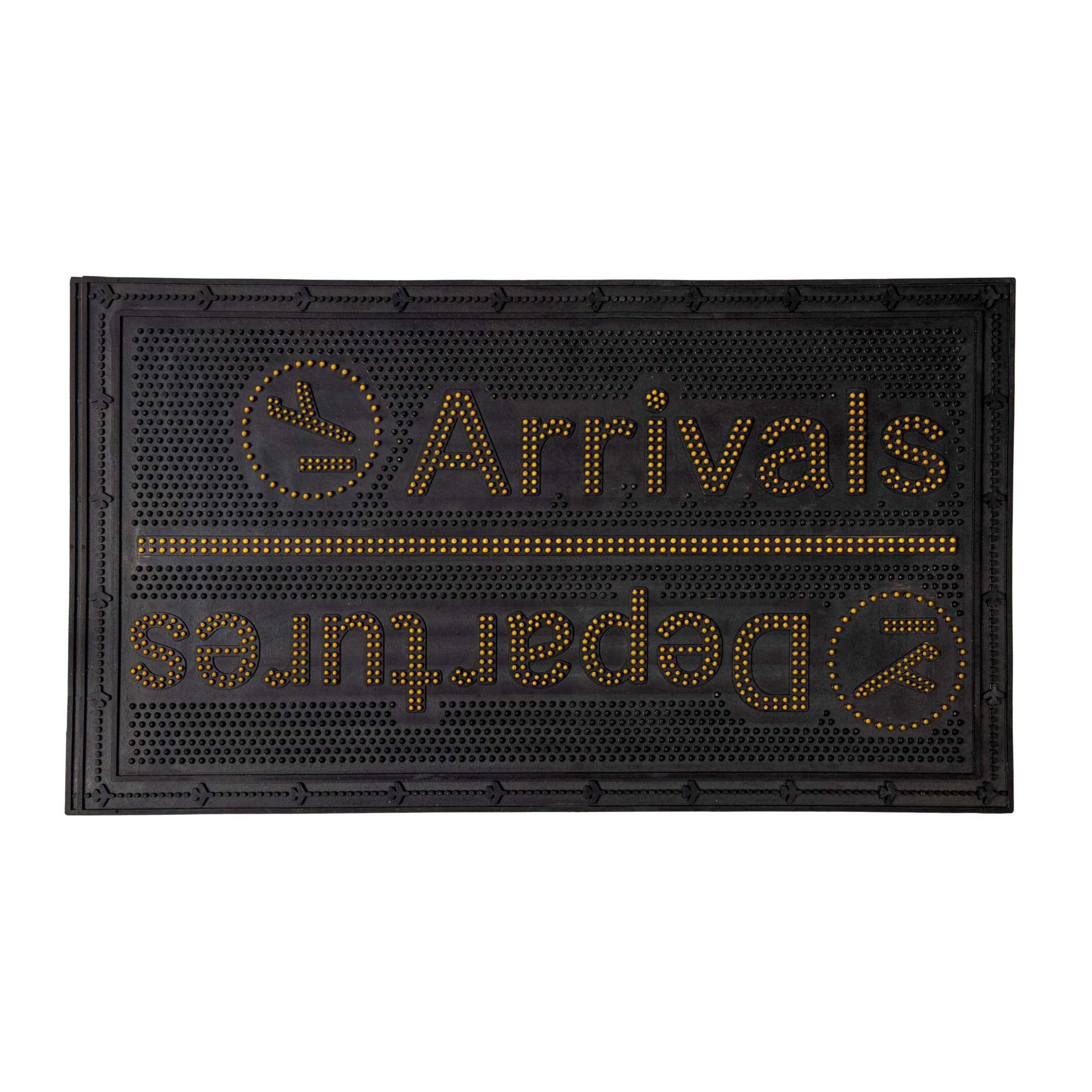 Fisura – Felpudo Goma Original “Arrivals”. Felpudo Exterior Negro y Amarillo. Felpudo Entrada casa con púas. Alfombrilla de Goma con Mensaje. Felpudo de 70 x 40 centímetros.