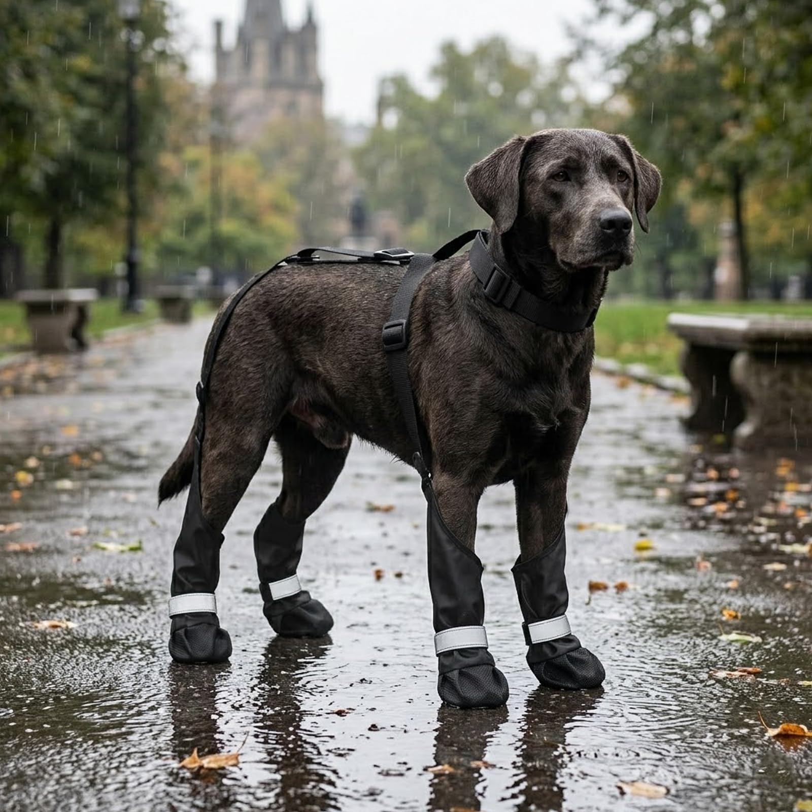 Hundeschuhe mit Hosenträgern, schwarz, Polyester, mit Reflektorstreifen, Größe S, verstellbare Riemen, Pfotenschutz für draußen, rutschfeste Sohle für kleine und mittelgroße Hunde, Umfang 60-70 cm