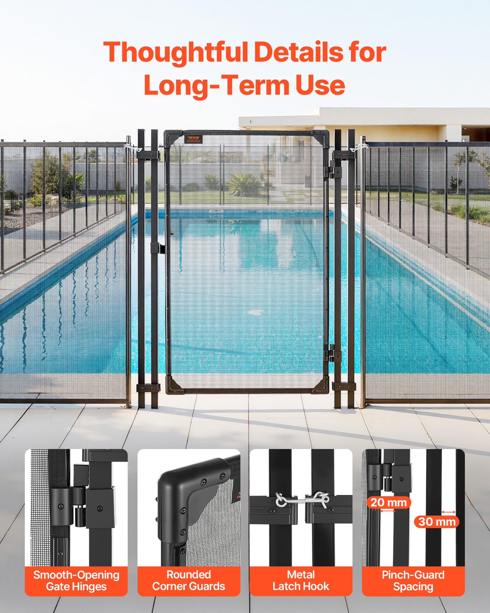 VEVOR Portillon de Barrière Piscine 1,2x0,75 m, Portillon de Sécurité pour Piscine Enterrée et Clôture Extérieure, Kit avec Loquet Métallique et Butée, Maille Teslin PVC 352 g/m², Tube Carré, Noir