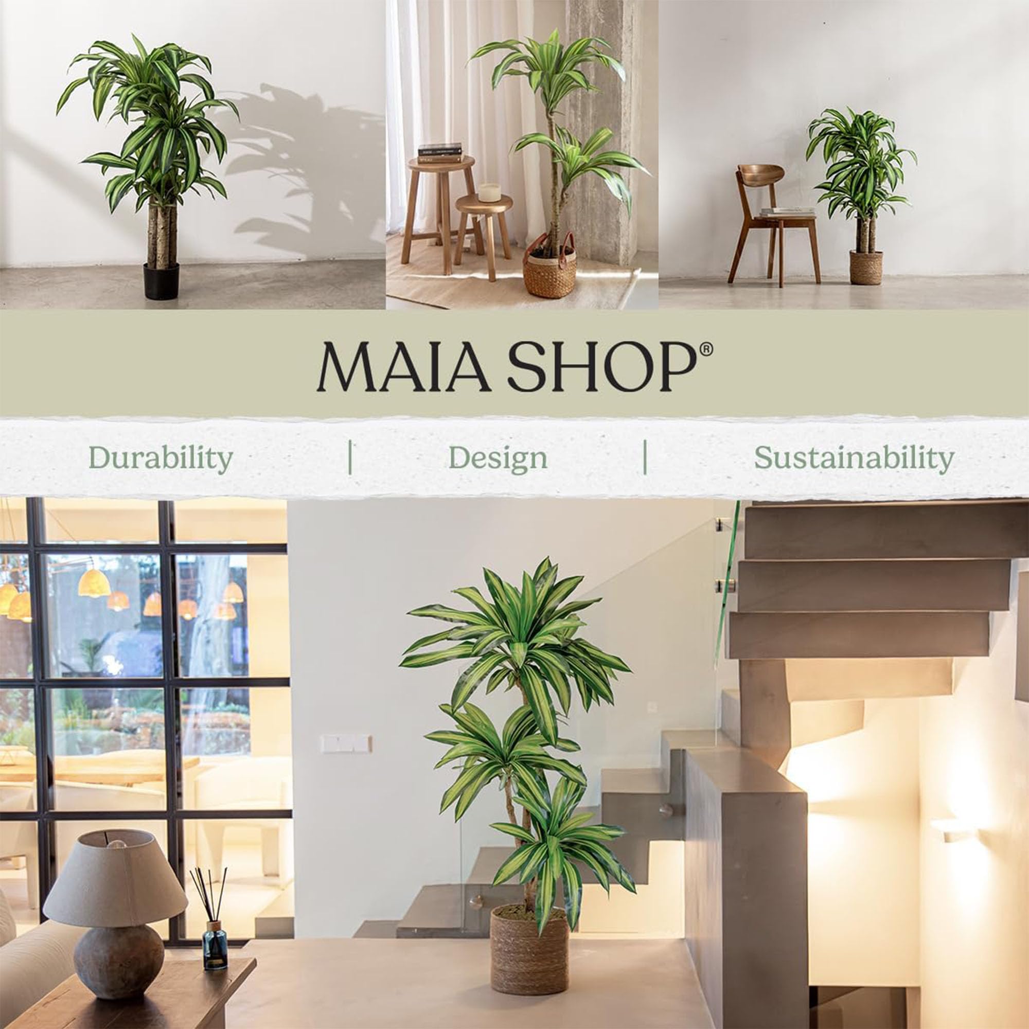 Maia Shop Dracena 120 cm - Pianta Artificiale da Interno | Pianta Artificiale Alta con Foglie Realistiche per Casa Soggiorno Ingresso Ufficio - Vaso Nero Incluso