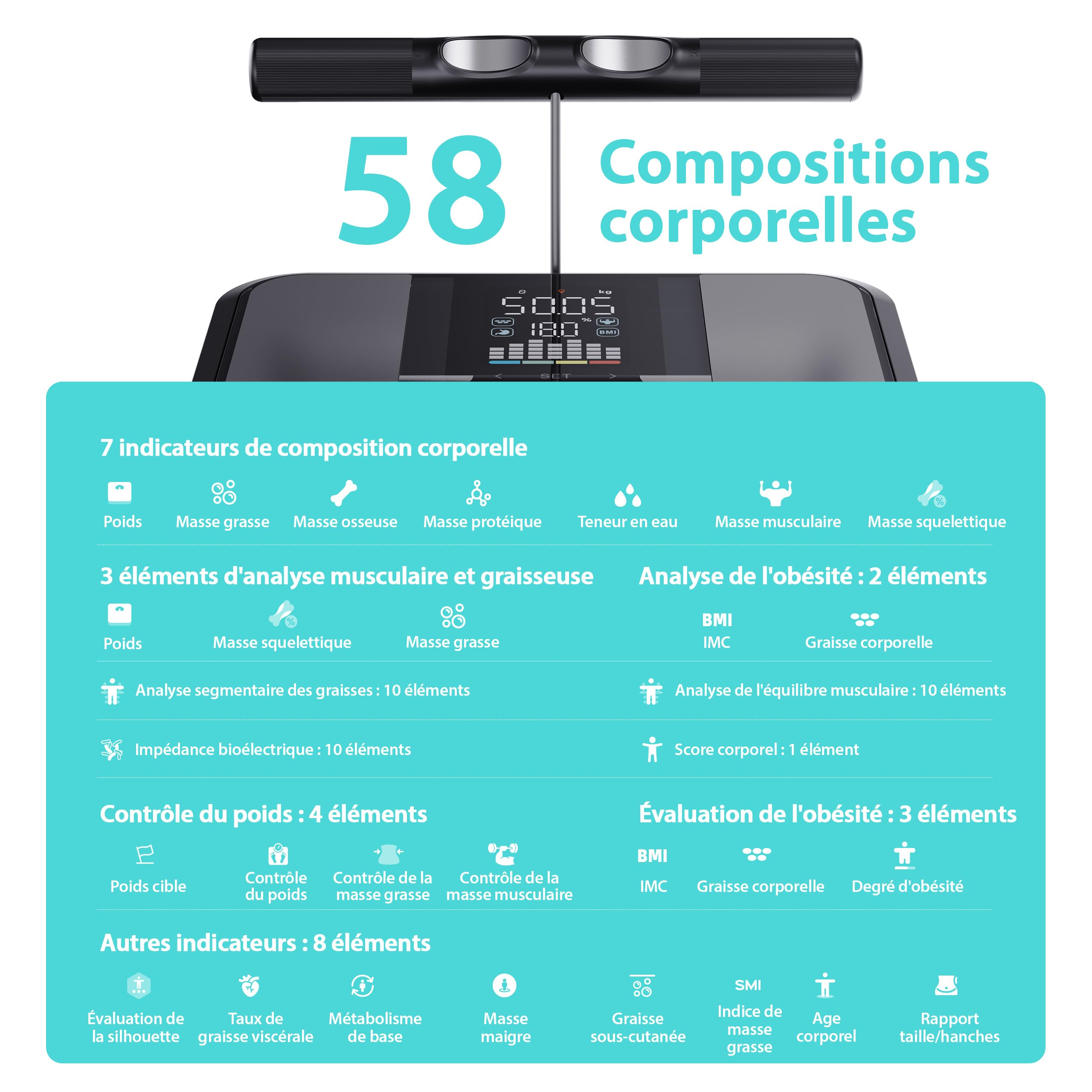 MELTA® Balance Connectée Impédancemètre 8 Électrodes – Pèse Personne 58 Mesures BIA Double Fréquence – Masse Grasse Musculaire IMC – Écran LED Couleur – Mode Hors Ligne – Analyse Corporelle Complète