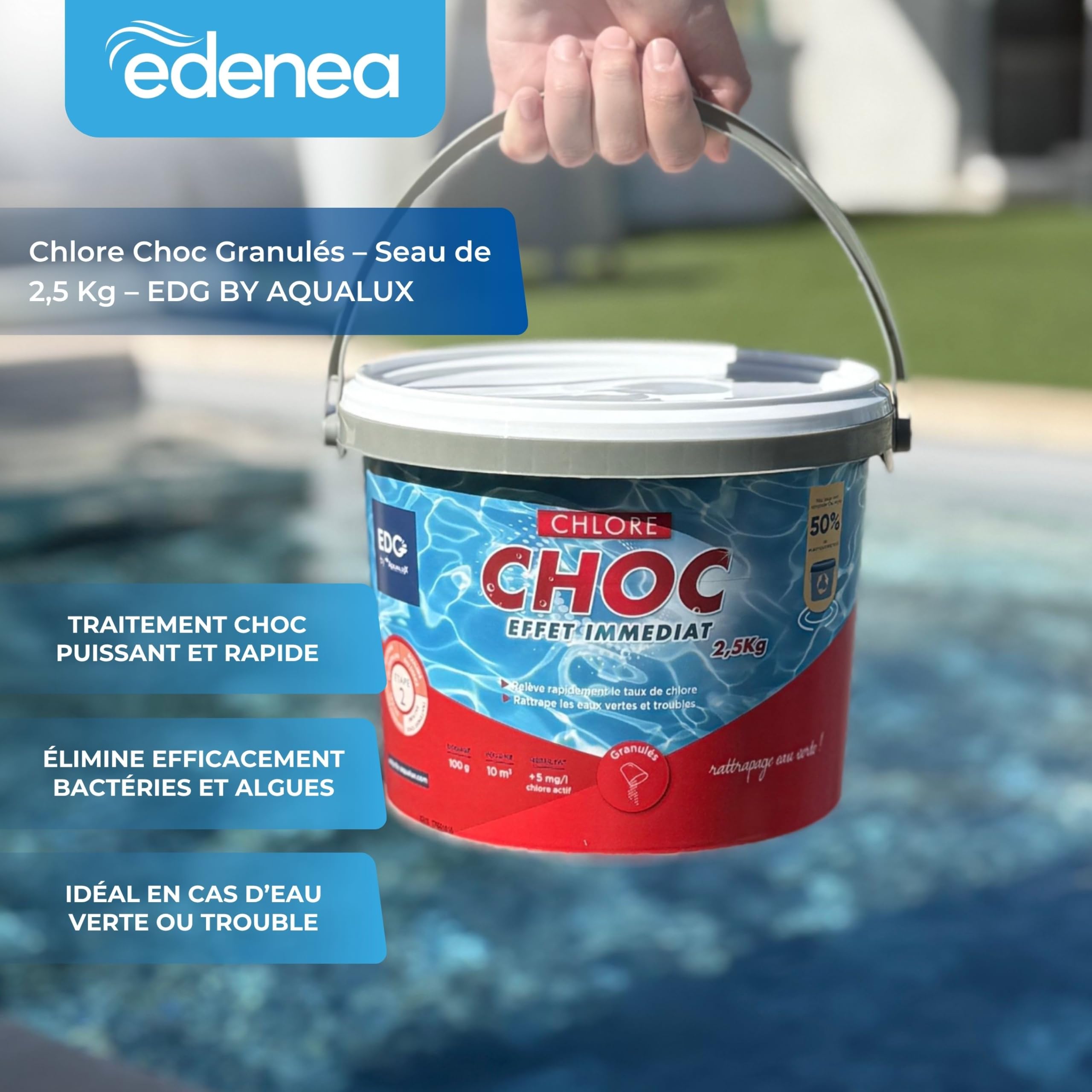 Chlore Choc Piscine - Granulés - Seau 2.5 kg - Chlore Rapide Effet Immédiat - Rattrapage Eau Verte Usage Intensif Temps Orageux