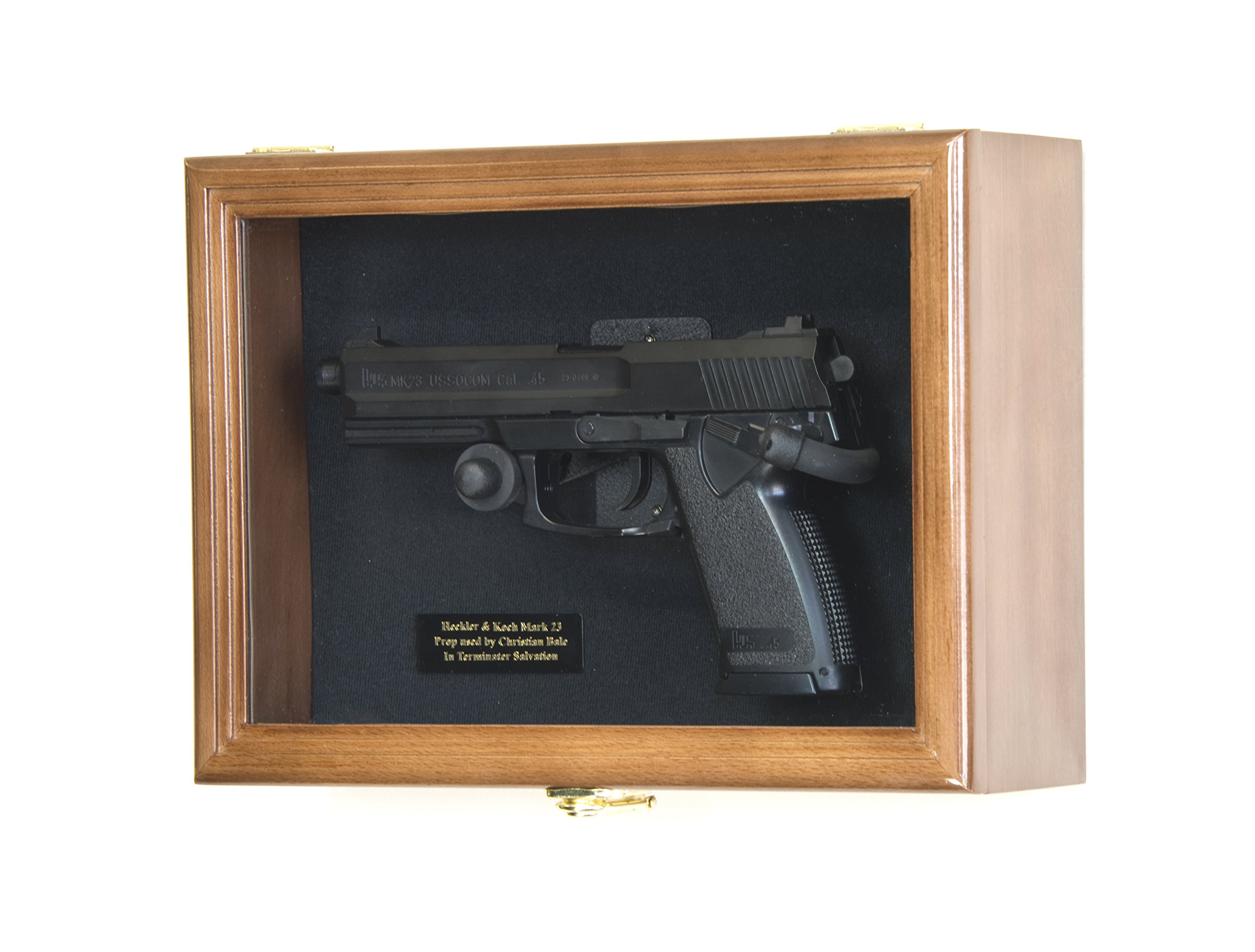 Single Pistol Display Case Wall Mount Solid Hardwood Cabinet (Walnut Finish, Black Felt Background)
