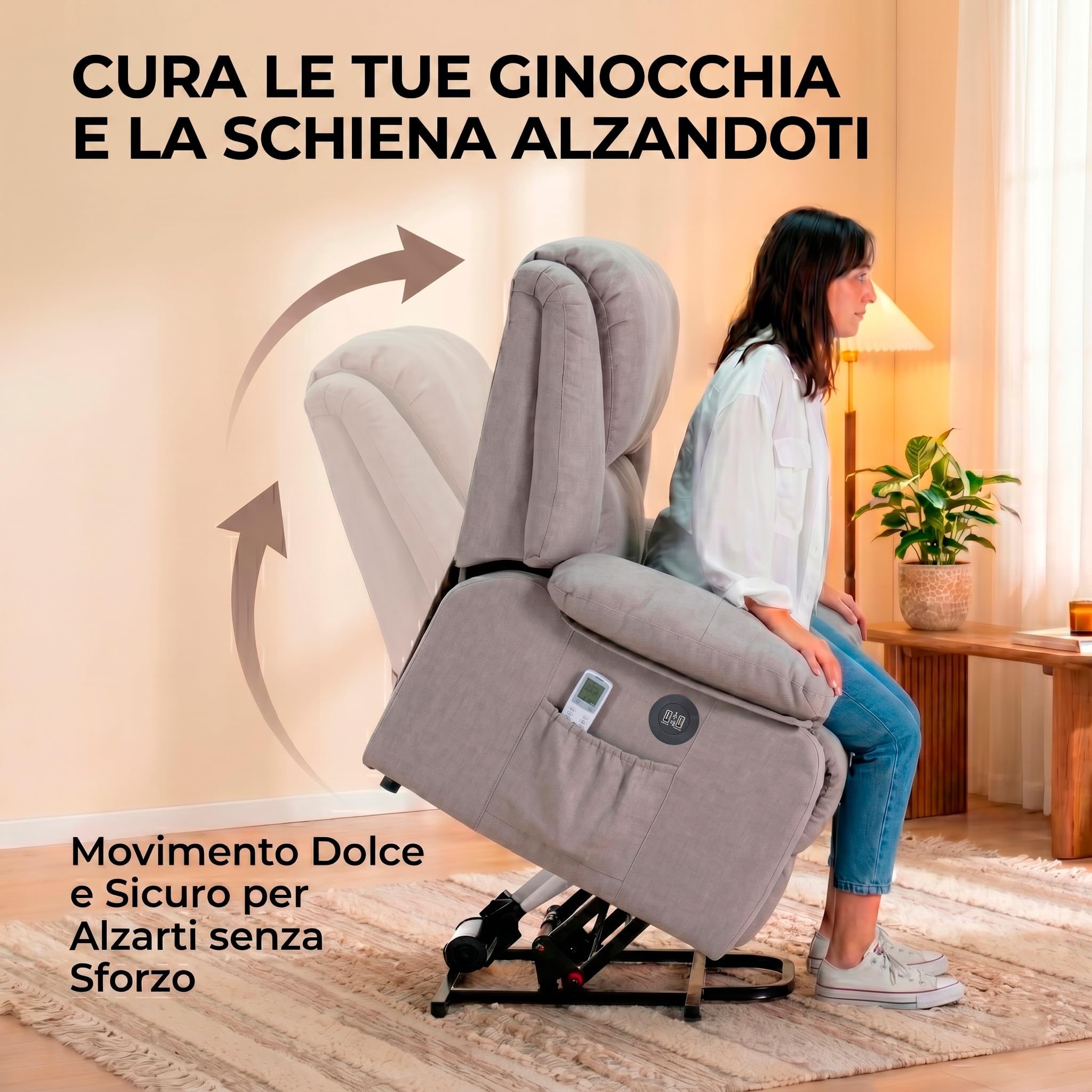 ECODE Poltrona Relax Alzapersona Elettrica Massaggiante, Reclinabile e Riscaldante con Poggiapiedi – Offerta Poltrona-Letto Per Anziani da Interno, Soggiorno o Salotto con Vibro Motori (Grigio)