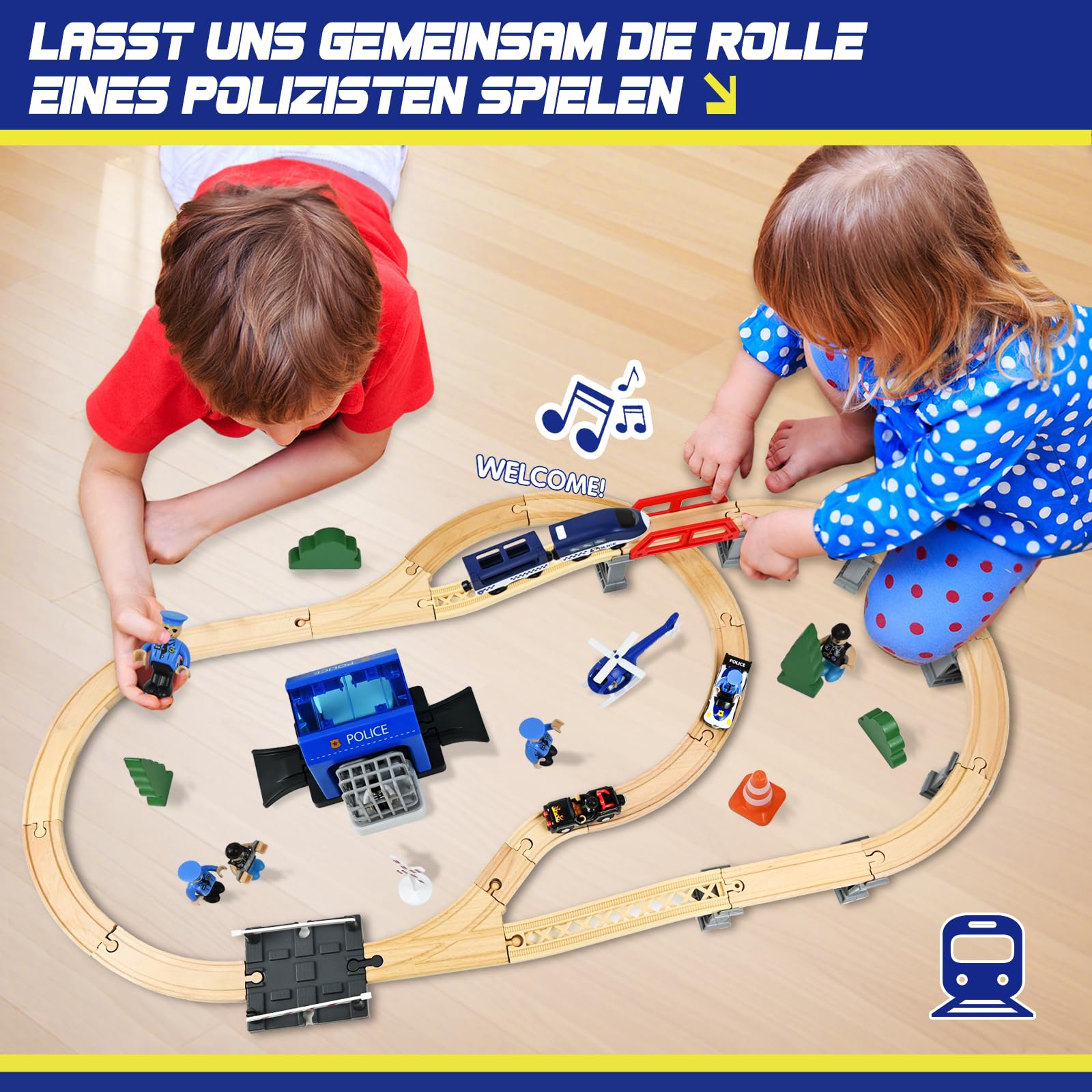 Ulikey Holzeisenbahn Set Kinder, 72 Teiliges Holzeisenbahn Schienen und Zug Spielzeug, Modelleisenbahn-Set mit Elektrische Lok, Polizei und Räubern, Spielzeugeisenbahn Geschenk für Jungen und Mädchen