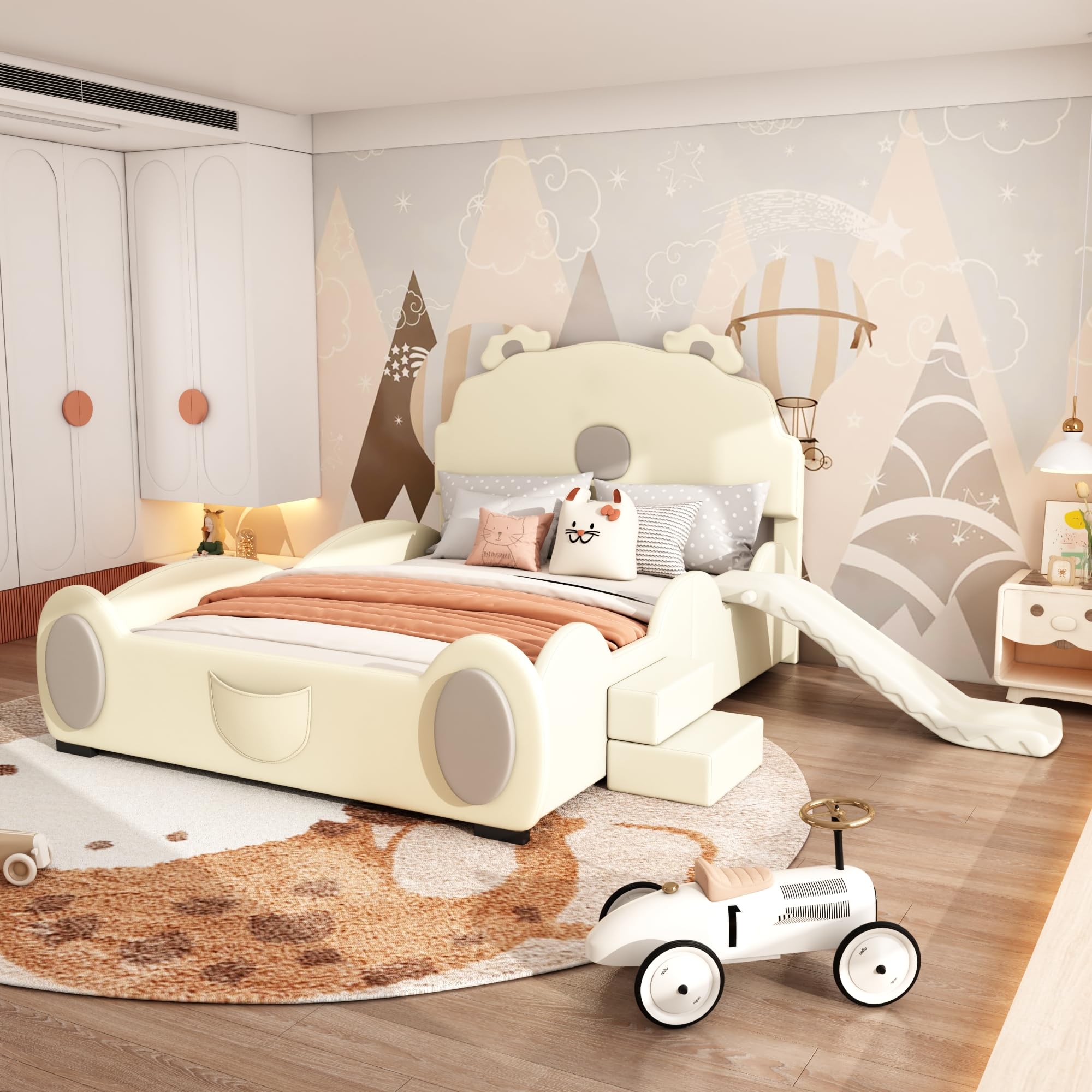 Cama Infantil de 140 x 200 cm, con diseño de Dibujos Animados, Cama Individual, Equipada con tobogán y Escalera, Material de Poliuretano, fácil de Limpiar, Bonita Forma, Color Beige