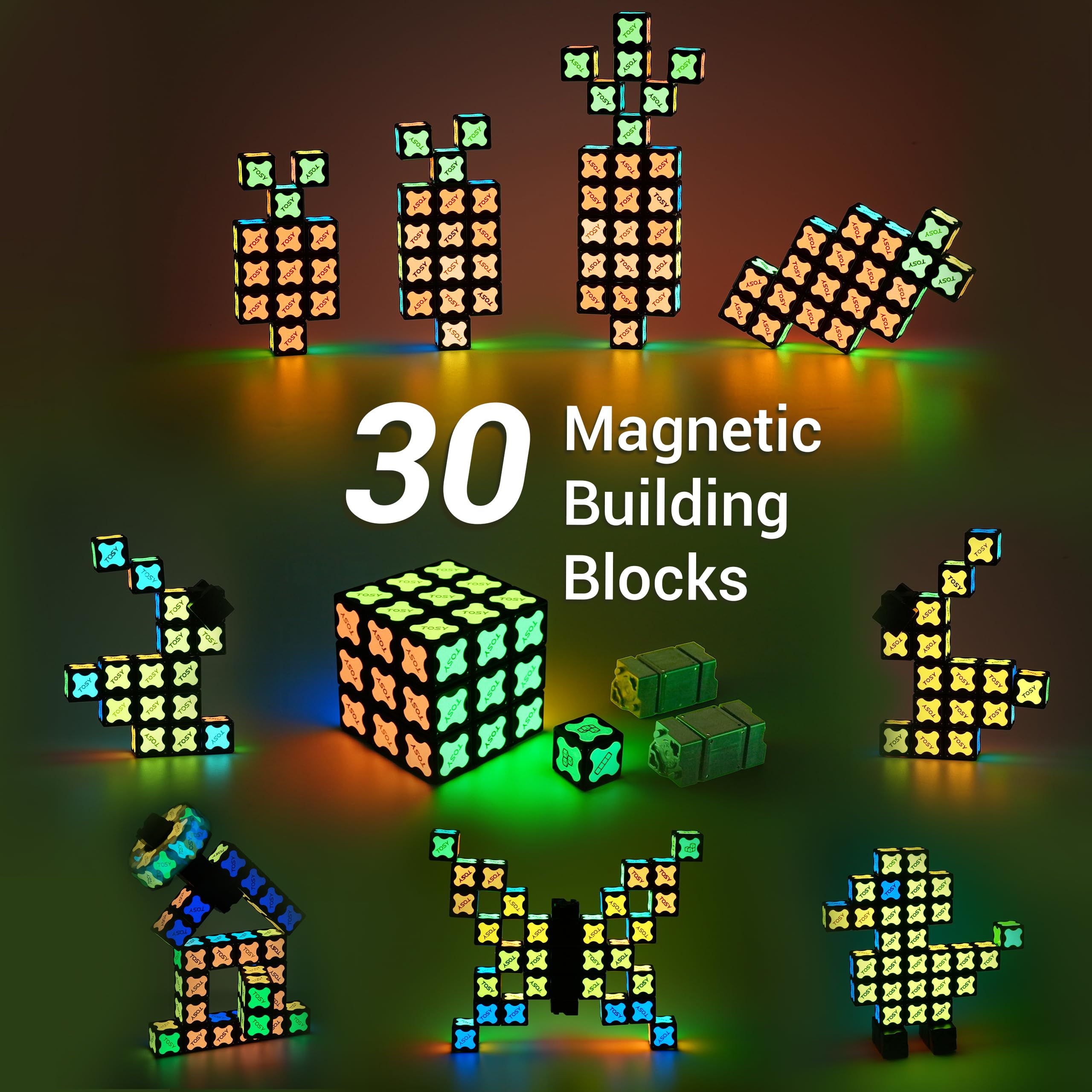 TOSY Magnet Cube 3x3 - 30 Bloques, Multiusos: Bloques de construcción creativos, Fidget Spinner transformable, Rompecabezas/Cubo Infinito, Regalo de Pascua para niños, Juguete Stem Brillante