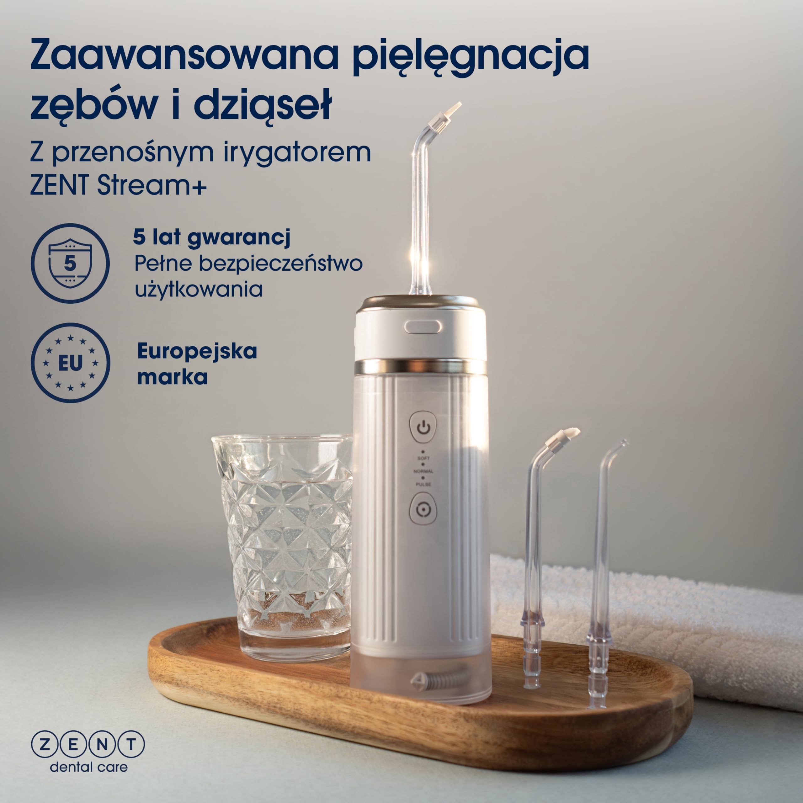 ZENT Stream+ Irygator wodny, Zaawansowana technologia obrotowa 360°, 3 Specjalne końcówki, Regulowane ciśnienie, Usuwanie płytki nazębnej, Wytrzymała bateria, Kompaktowe rozmiary, Niebieski