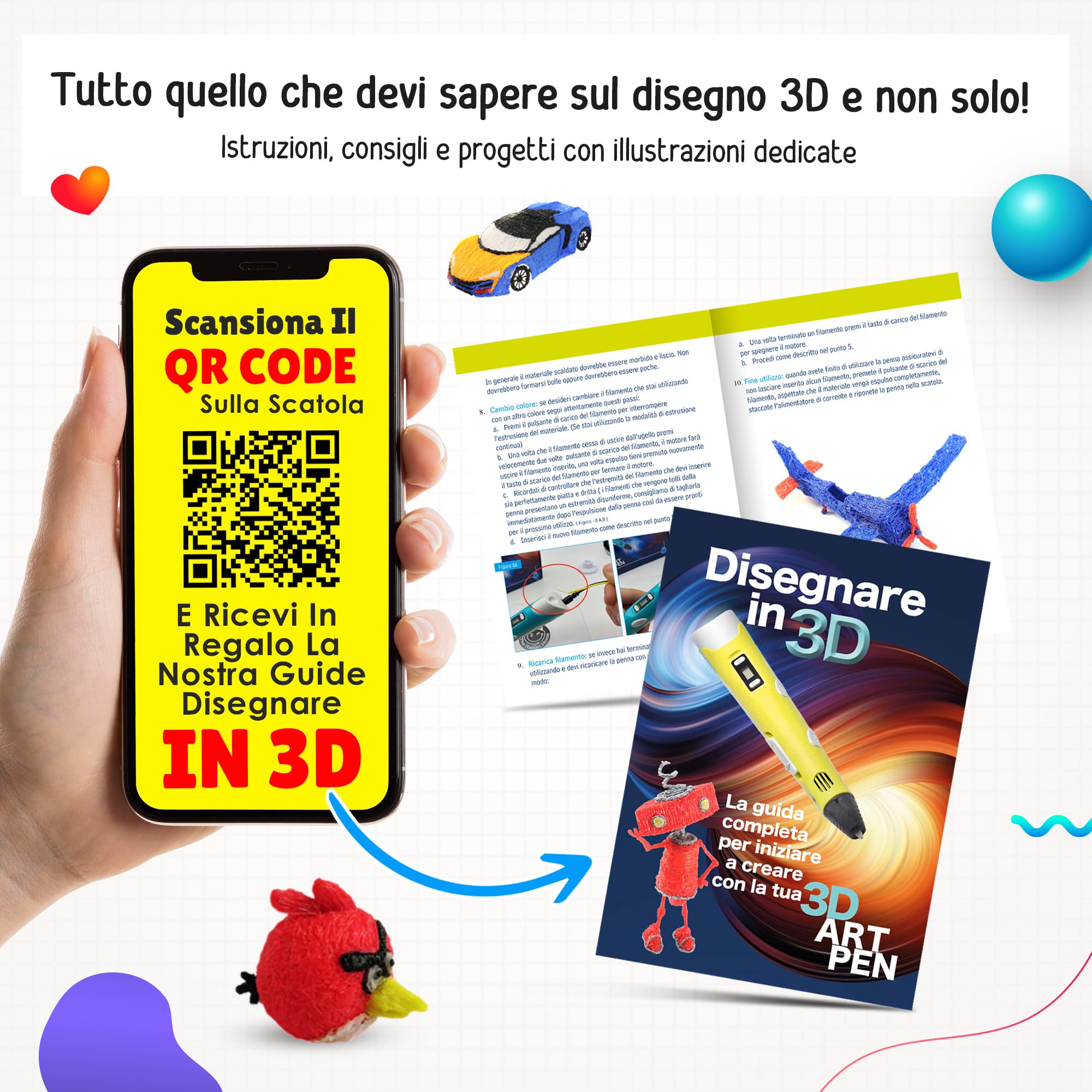 The Italian Home® Penna 3D Plus + Filamenti PLA 20 colori (4 Fluoerescenti) + Istruzioni in Italiano e Guida illustrata in Omaggio, Penna 3D Professionale, Cose utili, Idee Regalo