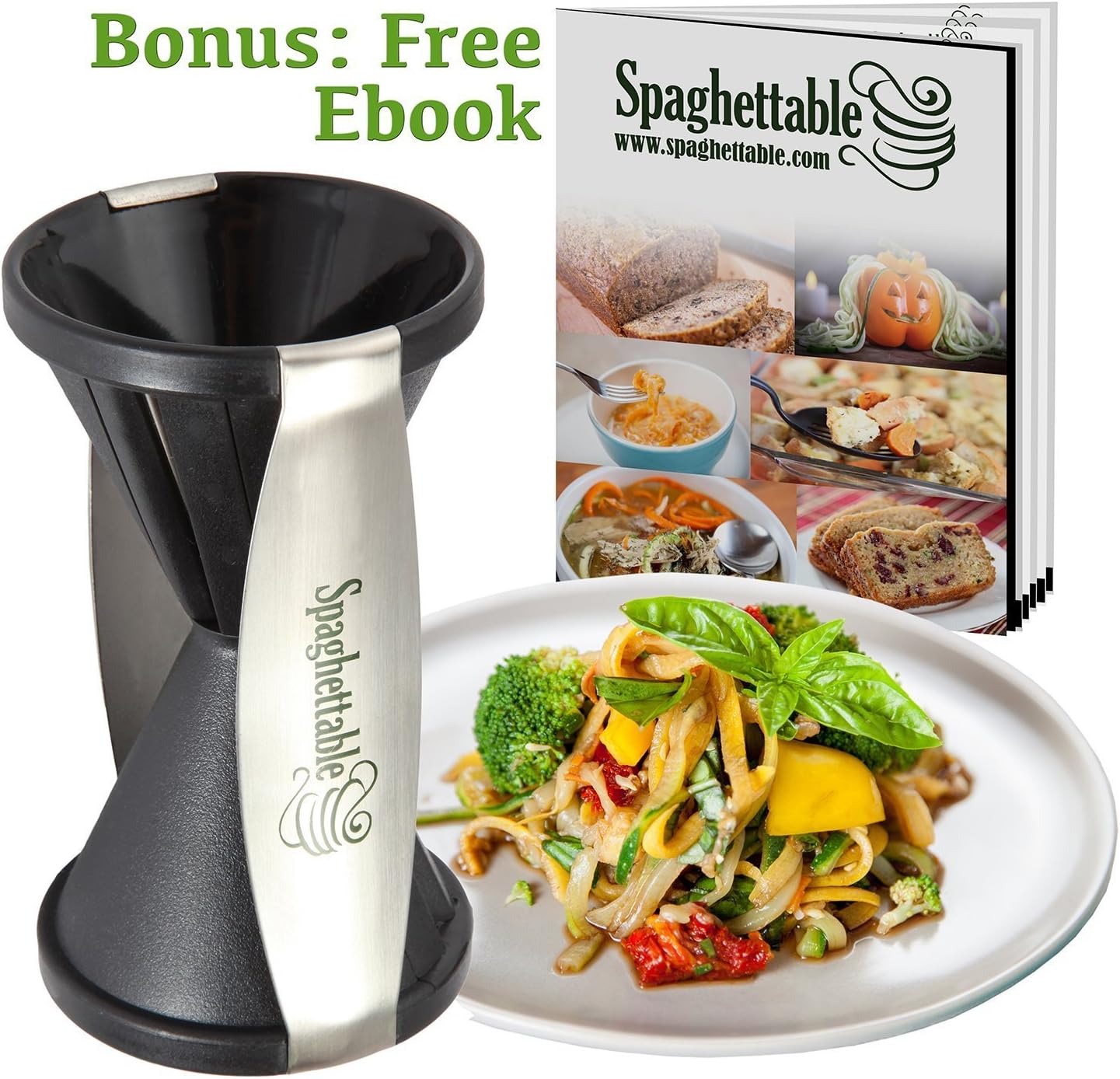 Spaghettable Vegetable Spiralizer — Handheld Spiral Slicer w/ Japanese Stainless Steel Blades — Julienne Veggie Cutter, Peeler, Dicer, Spinner, Grating Tool — Make Healthy Pasta Noodles — Bonus: Cleaning Brush Plus a Healthy, Natural Recipes Ebook