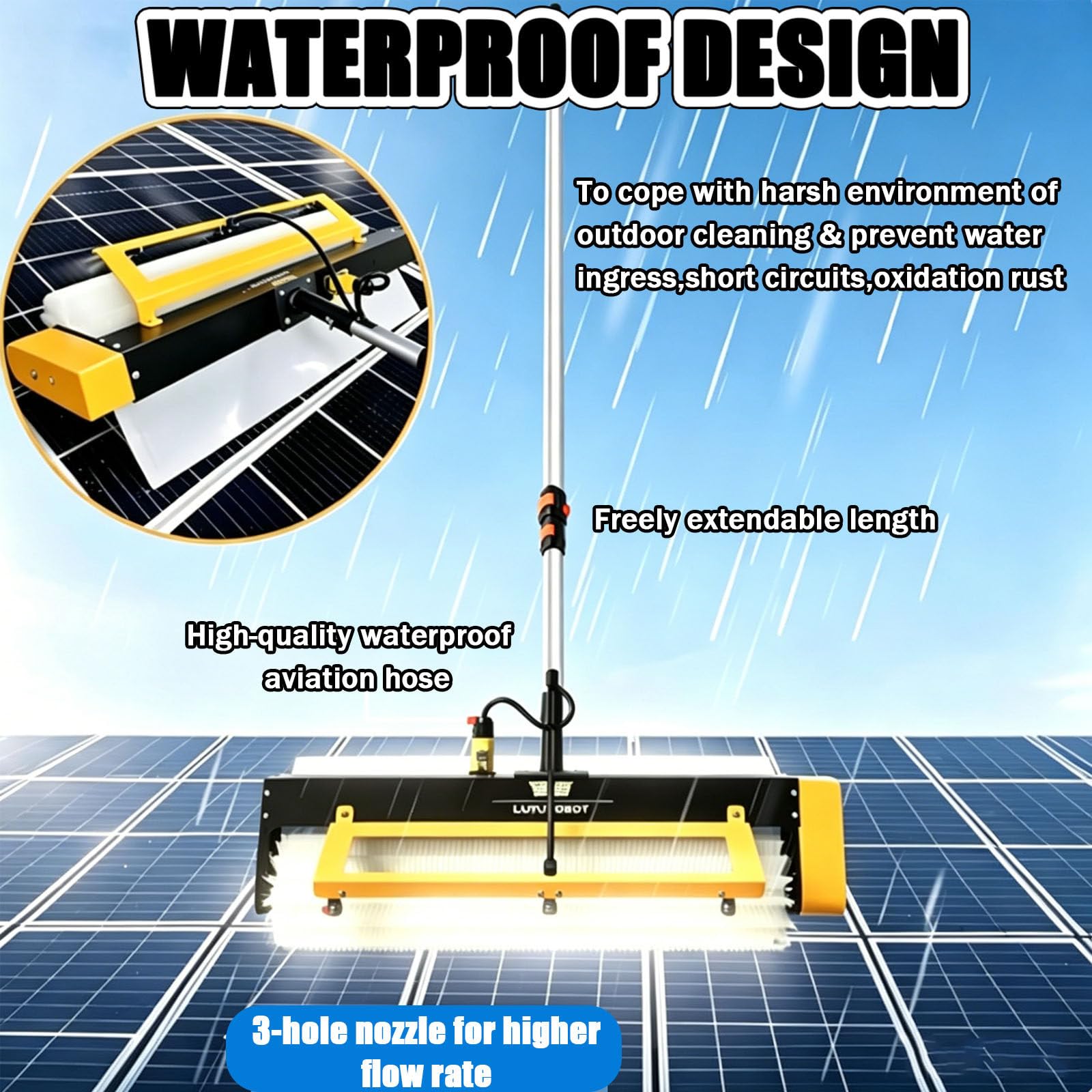Cepillo de limpieza de paneles solares, cepillo eléctrico de rodillo de lavado de paneles fotovoltaicos, 150 W/380 rpm, modos húmedo/seco, cabezal de 60 cm, poste de alimentación de agua de 3,5 m
