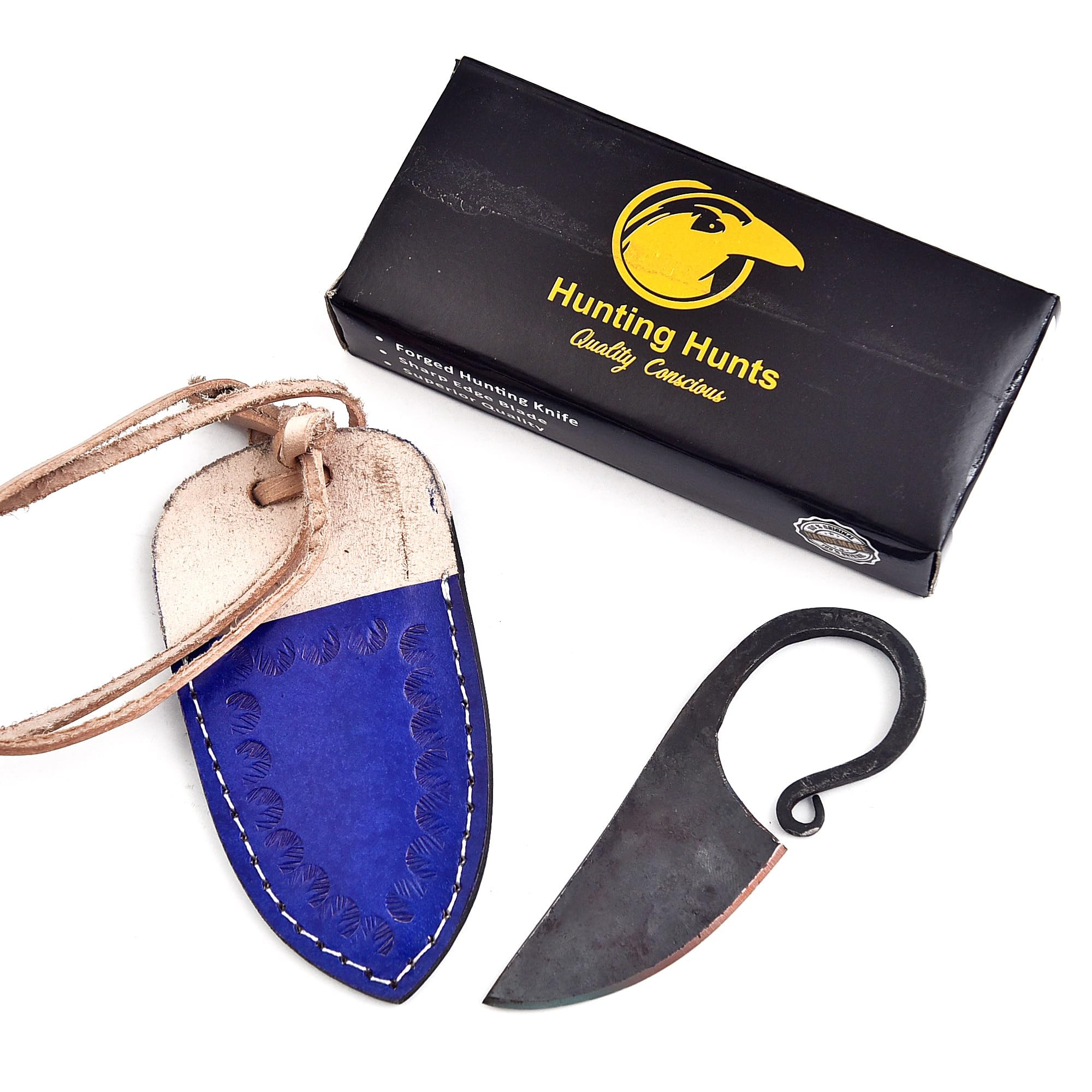 Hand-Forged Celtic Knife Carbon Steel Fixed Blade with Blue Leather Neck Sheath Vintage EDC Survival Knife for Men