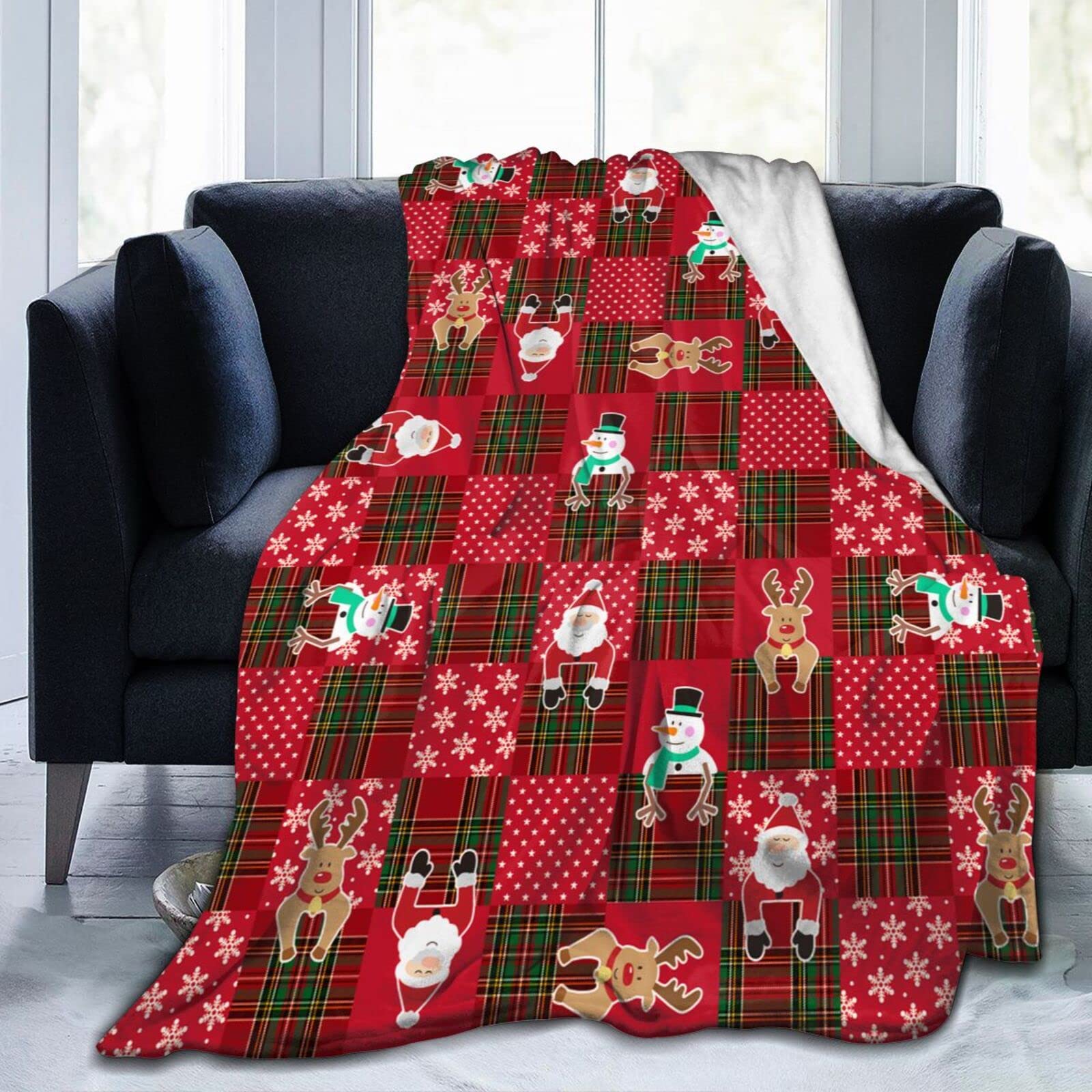 Lsjuee Christmas Reindeer Santa Snowman Throw Blanket Warm Cozy Blankets Lightweight Soft Cozy Flannel Winter Holiday Blanket for Sofa Couch Bed Office Xmas Gift 80"X60"