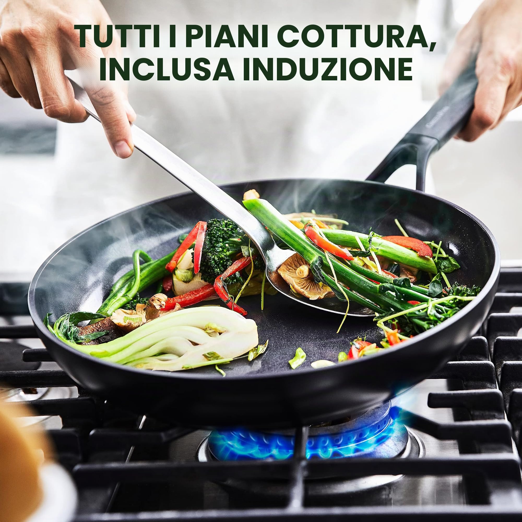 GreenPan SmartShape Padella Wok in Ceramica Sana Antiaderente da 28 cm, Senza PFAS, Adatto all'Induzione, Sicuro al Forno, Lavabile in Lavastoviglie, Nero