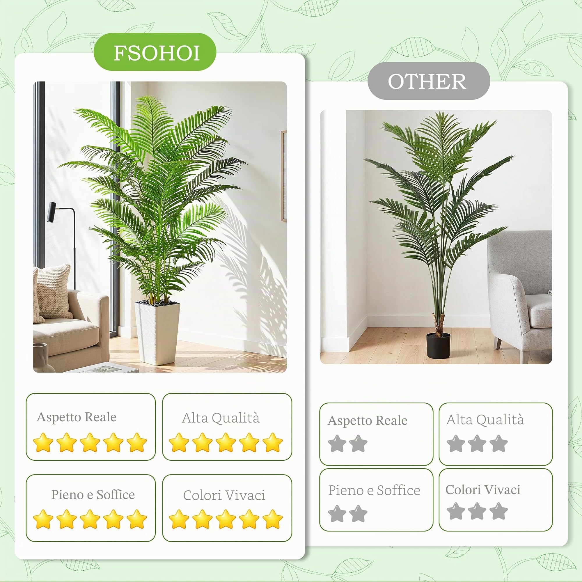 Palma Artificiale Arnusa in Vaso Bianco 180 cm, Pianta Artificiale Areca per Interni, Albero Artificiale Decorativo Verde per il Soggiorno, il Balcone, la Camera da Letto e l'Ufficio