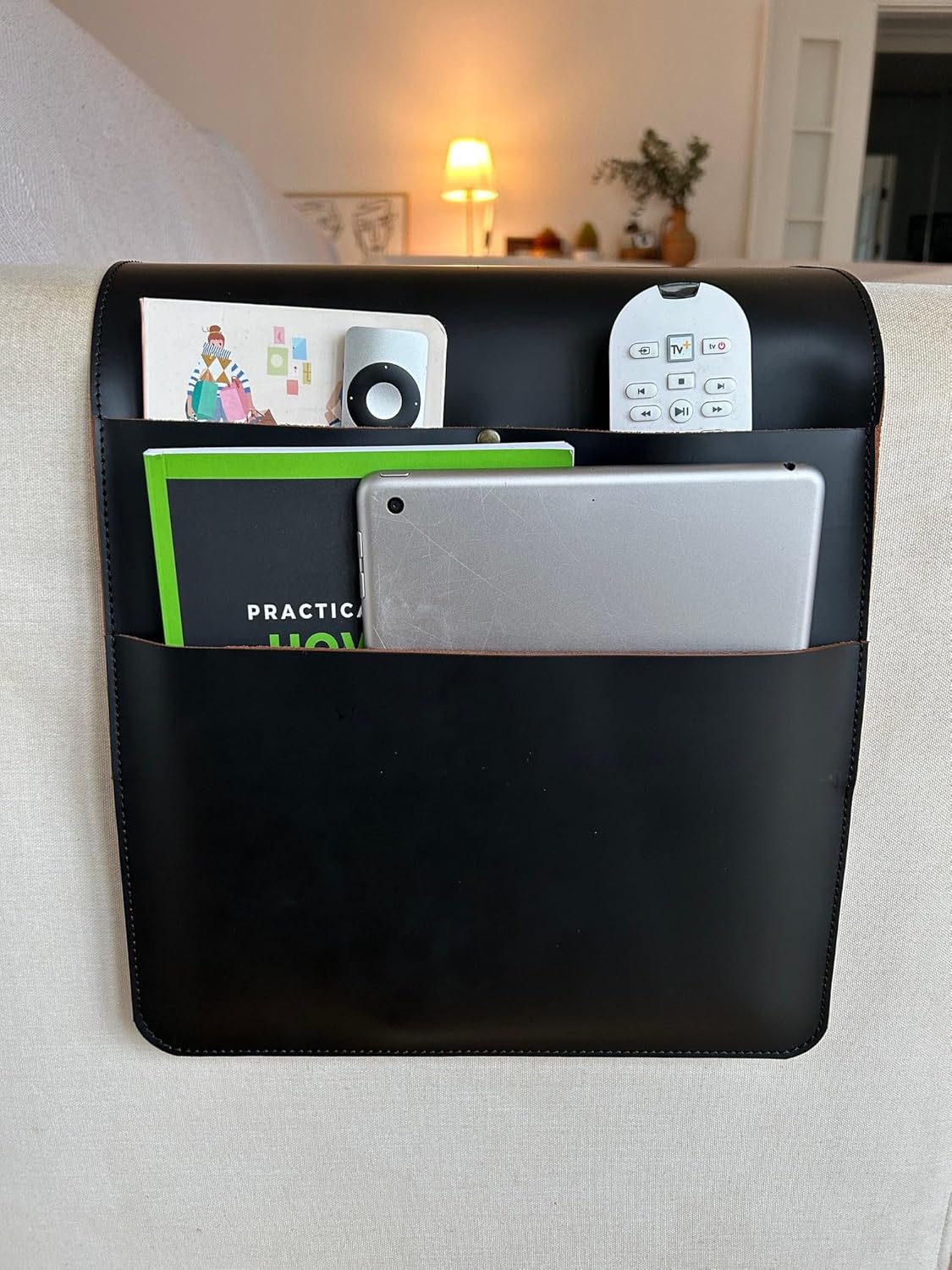 Leather Sofa Armrest Organizer, Handmade Couch Caddy with 3 Pockets For Magazines, Tablets, Remote Controls & Books