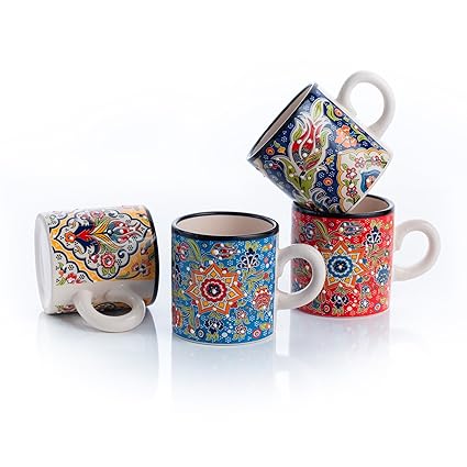 Ceramic Espresso Cups, 5 Oz Espresso Cups Set of 4, Handmade Espresso Cup, 2.75 Inch Espresso Mugs, Multicolor Demitasse Cups, Microwave & Dishwasher Safe Espresso Mugs, Coffe Mug Set (FLOWER BLOOM)
