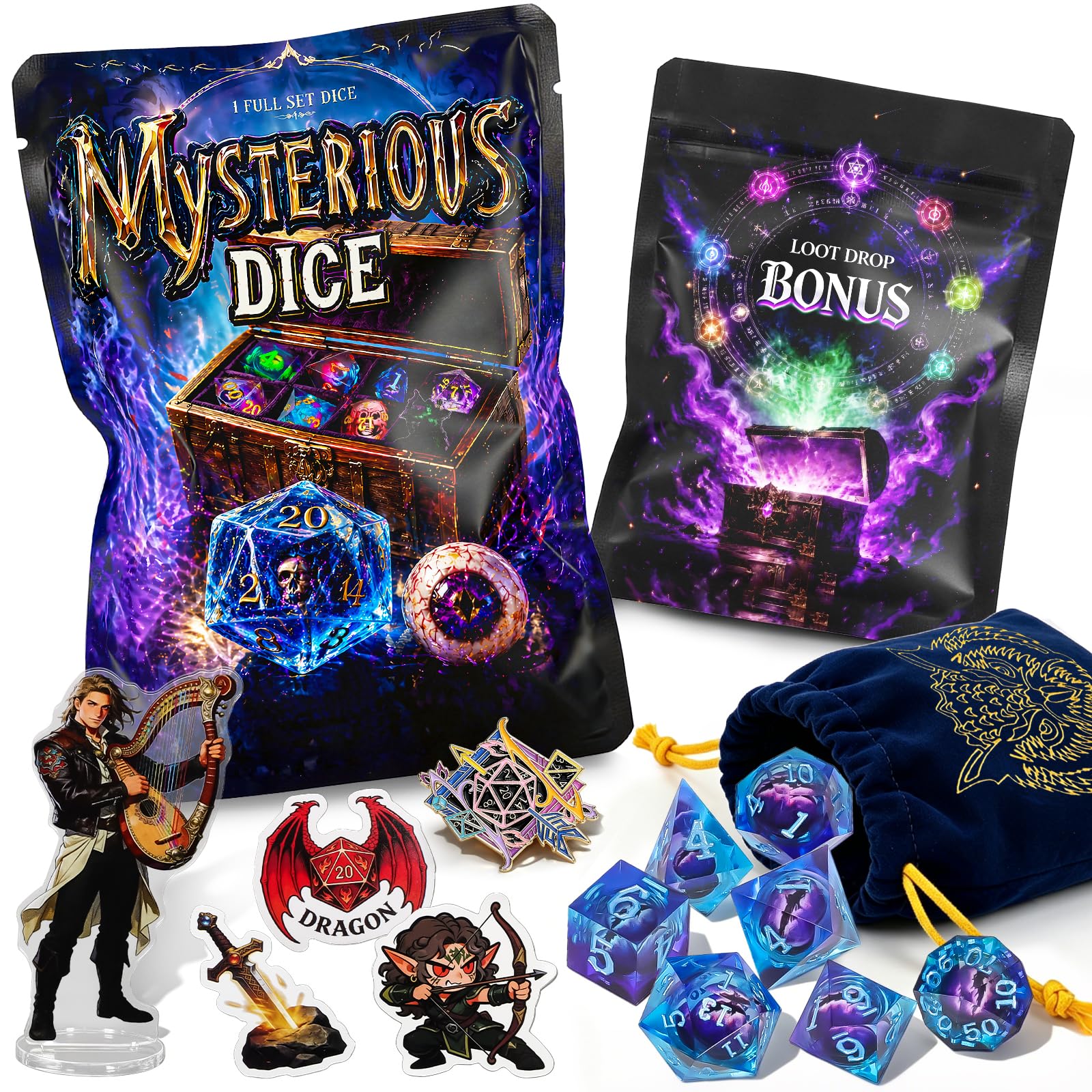 QMAY Mystery Dice, 7 Polyhedral Dice & Accessories Bag for DND Table Games