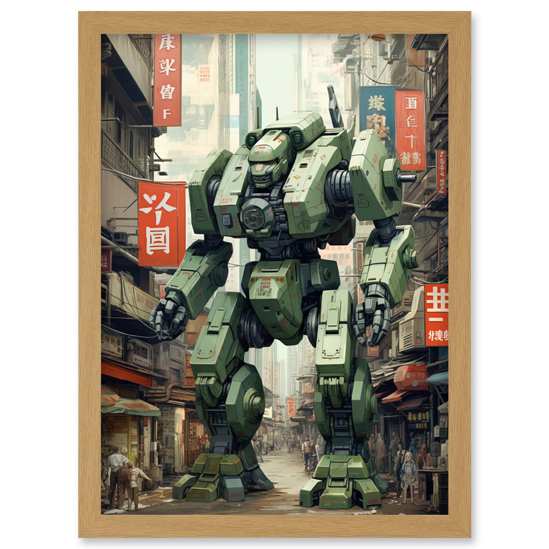 Artery8 Mecha Robot in City Street Anime Sci-Fi Artwork Red Green Giant Humanoid Machine Fantasy Science Fiction Artwork Framed Wall Art Print A4