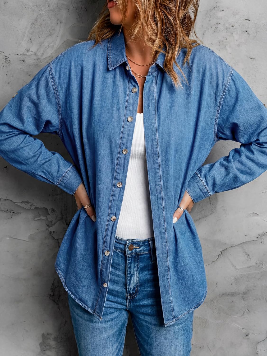 EMMIOL Denim Shirt Women Button Down Long Sleeve Denim Blouse 2026 Hidden Button Jean Shirt Oversized Summer Casual Tops