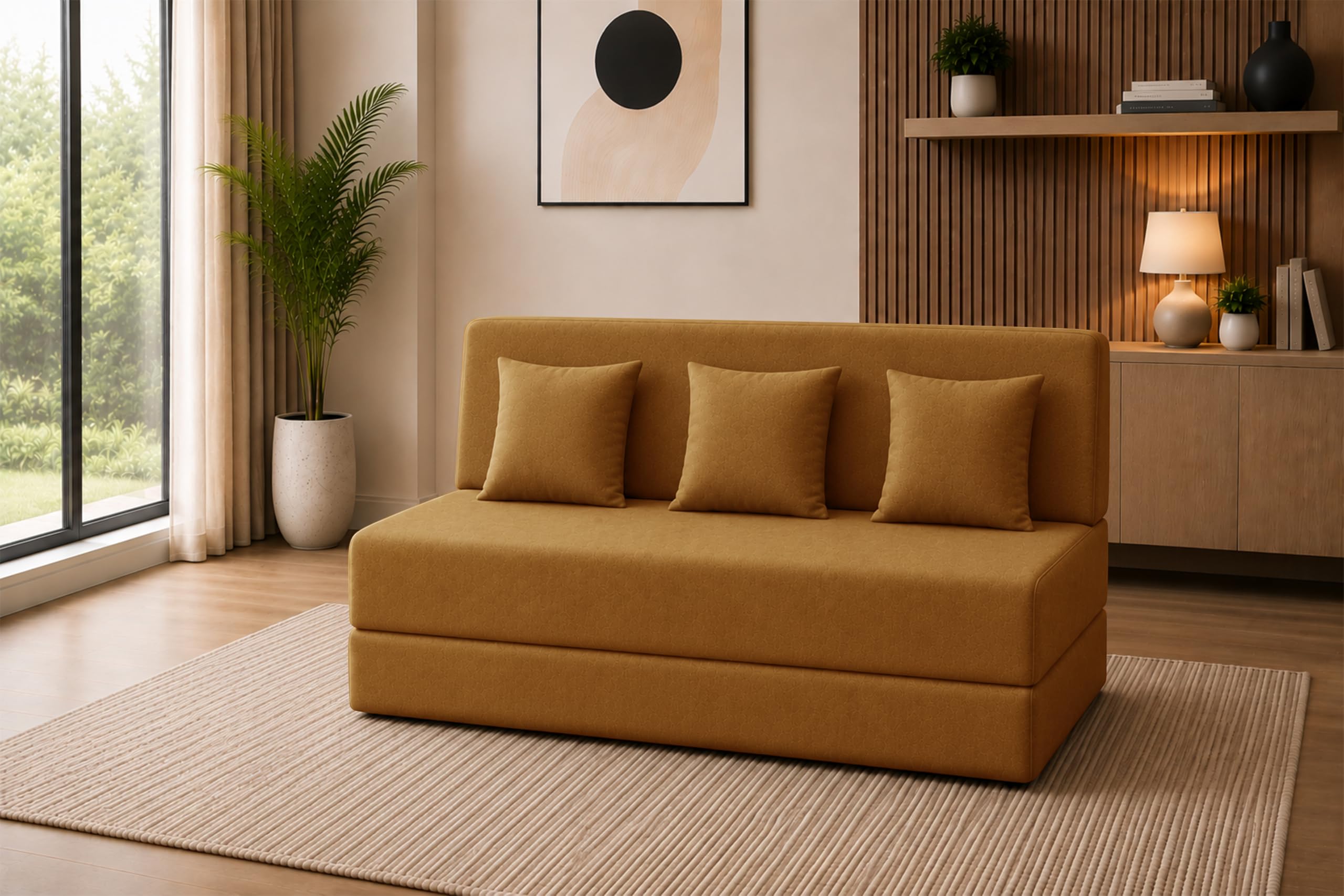 sofa cum bed with jute fabric, convertible three seater sofa bed 5x6 ft, comfortable cushioned seating, space saving design for living room, bedroom & guest room - golden color