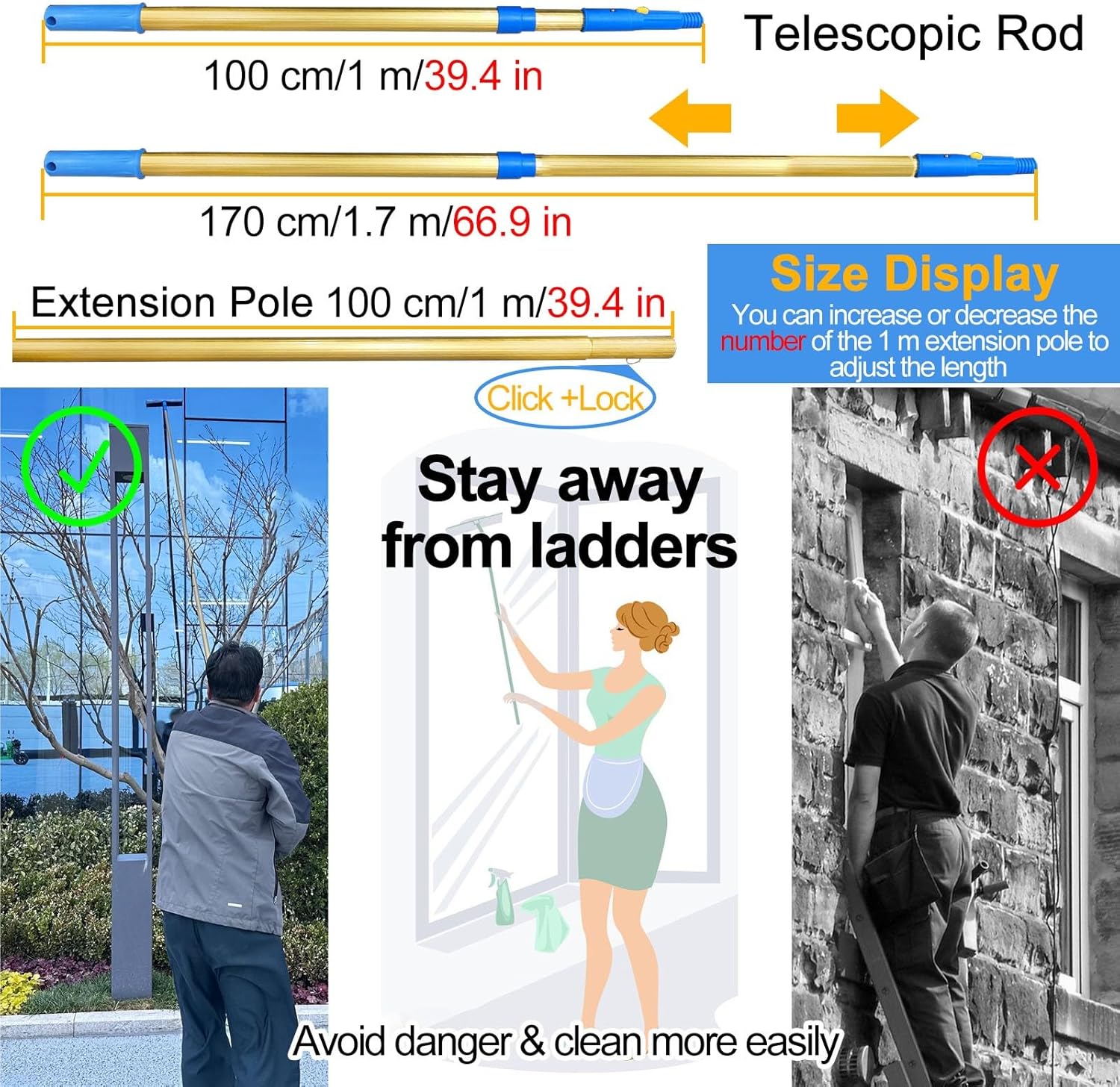 YXXSDP Window Cleaner Tool for High Windows Outside, Extendable Window Cleaning Pole for Car Windshield/Conservatory Roof, Telescoping Window Washing Equipment Highest Rated(1-5.7m/3.3-18.7ft)
