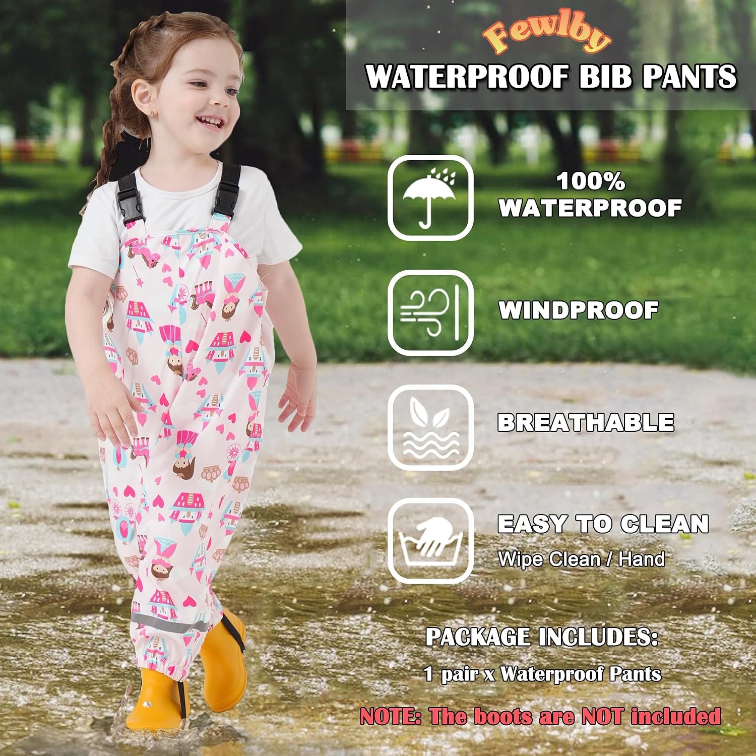 Toddlers Waterproof Rain Bib Pants, Boys Girls Rain Pants Kids Overalls Rain Trousers Lightweight Mud Pants Rainwear