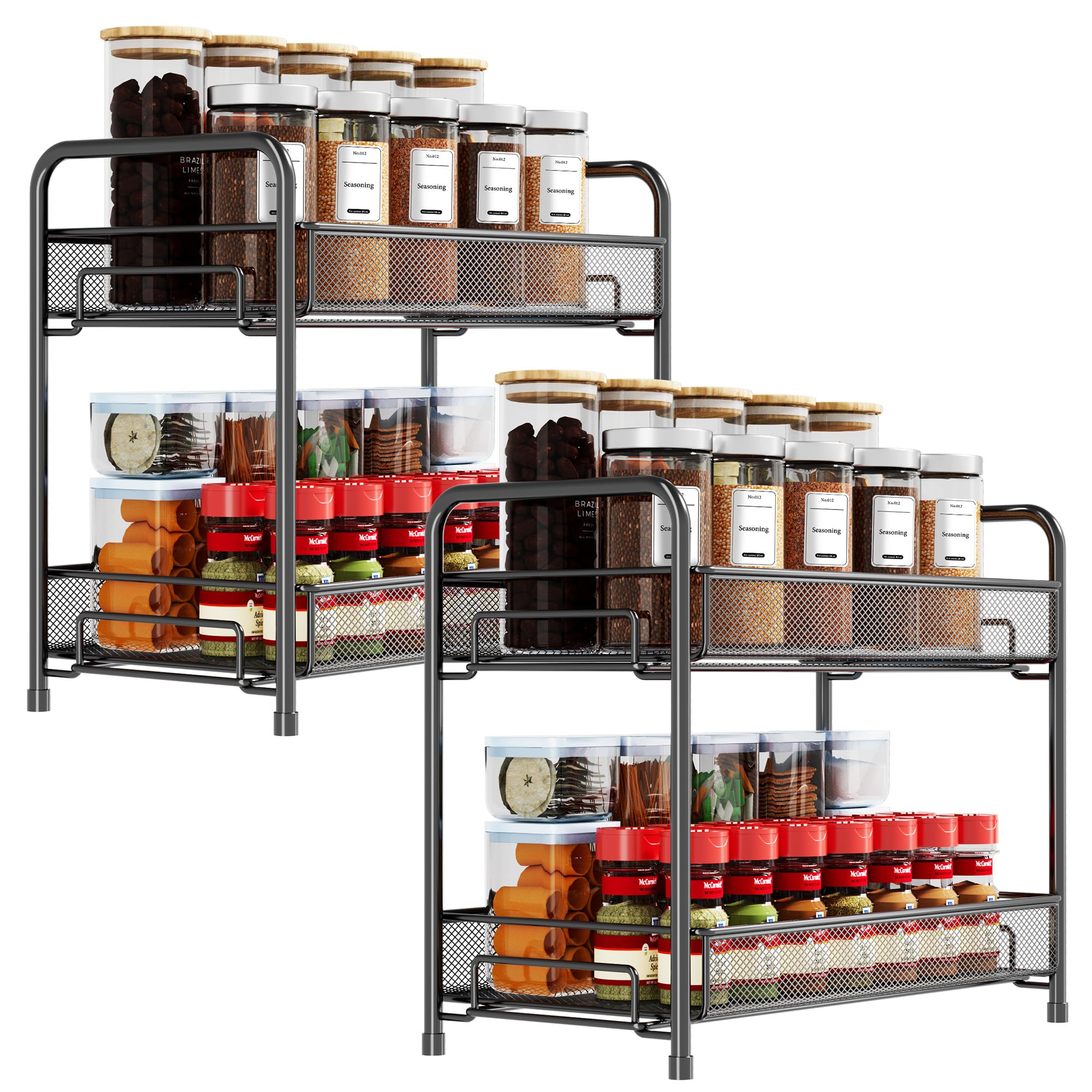 Set De 2 étagères à épices – Étagère De Rangement Extensible Et Empilable En Metal Zwart Pour La Cuisine