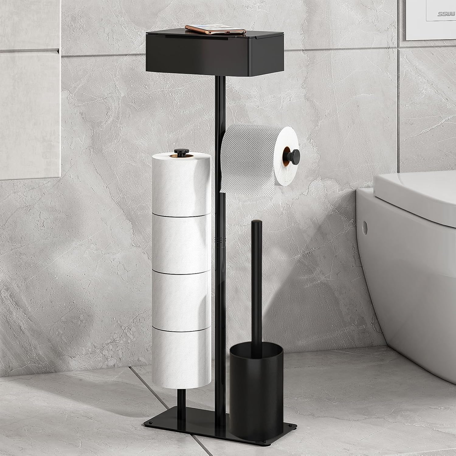 Toilet Roll Holder Free Standing - GUIGUZI Black Stainless Steel Toilet Roll Holder with Toilet Brush, Holds 4 Rolls, Bathroom Toilet Paper Dispenser with wipes box shelf
