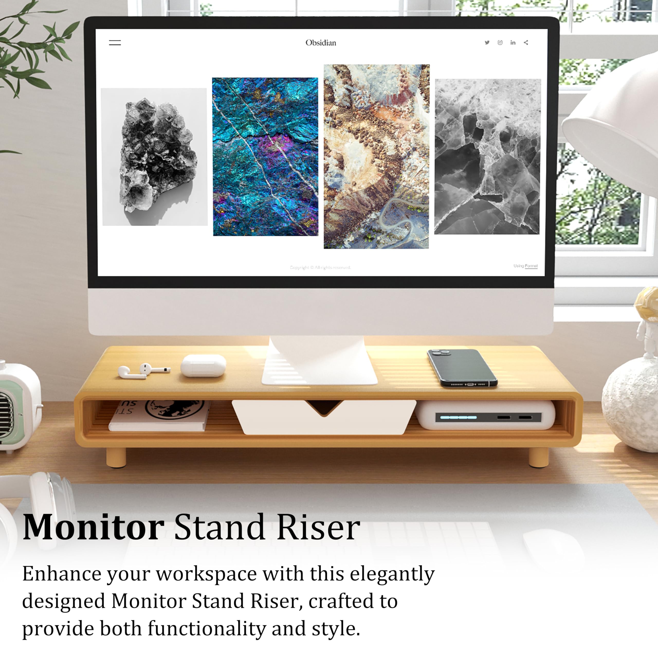 Homerays Supporto per monitor in bambù con cassetto, squisito supporto ergonomico per monitor del computer, bianco, modello di aggiornamento