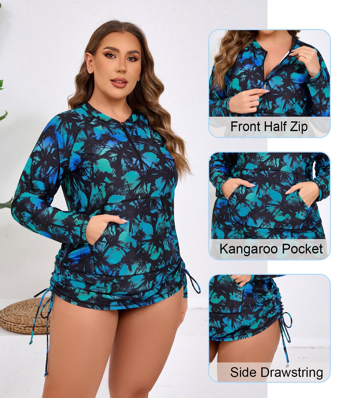 Halcurt Rashguard grande taille pour femme UPF 50+ avec fermeture éclair et poche froncée