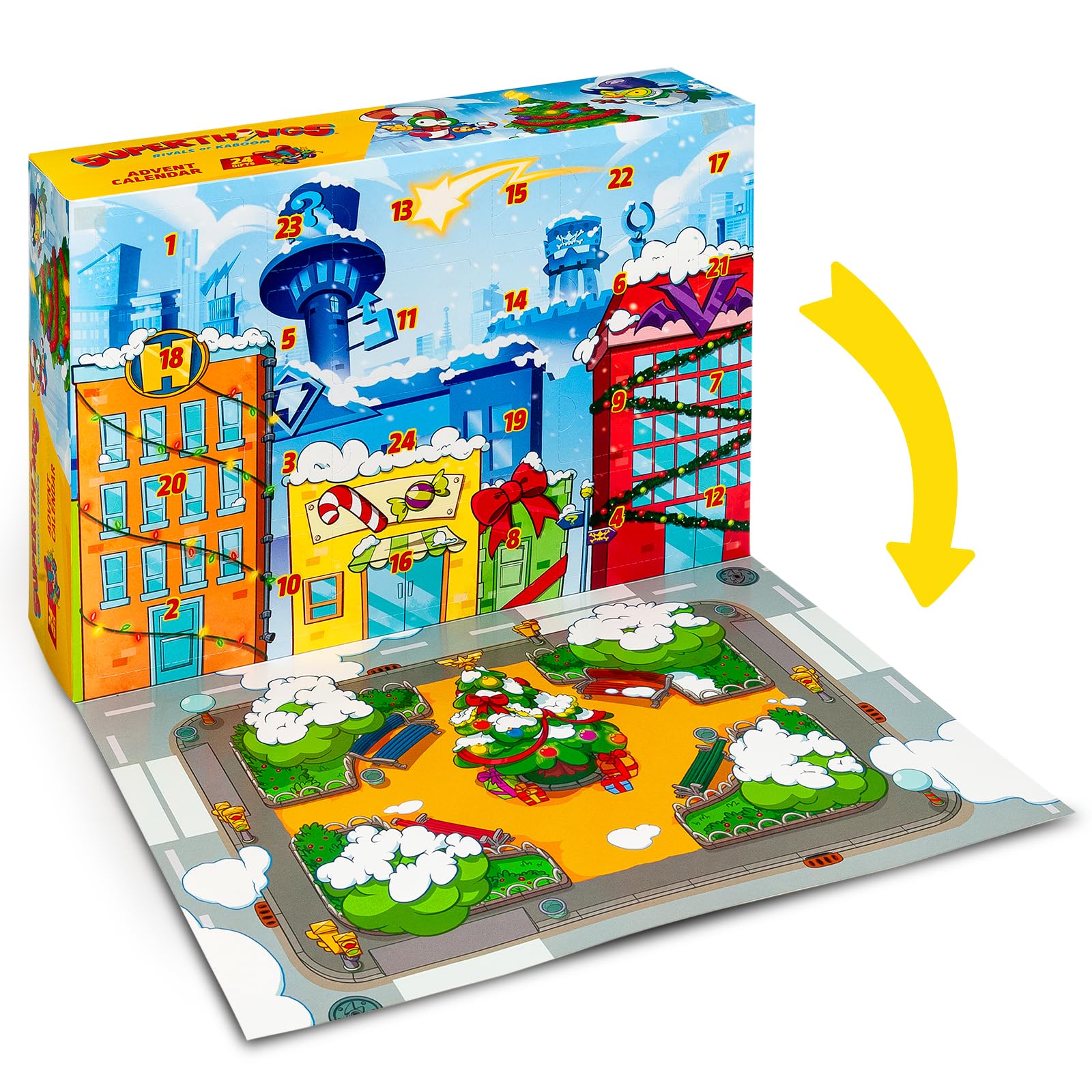 Superthings Adventskalender mit 24 besonderen Geschenken und Überraschungen. Enthält Minifiguren von Superthings, Hideouts, Jets, Exoskeletons und Special Vehicles