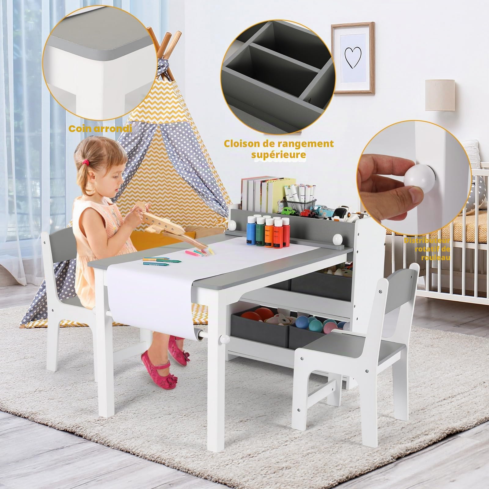 Clevich Table pour Enfant avec 2 Chaises, Table avec Espace de Rangement, Ensemble de Chaises en Bois, Bureau de Peinture avec Rouleau en Papier et 4 Boîtes de Rangement, Gris Blanc