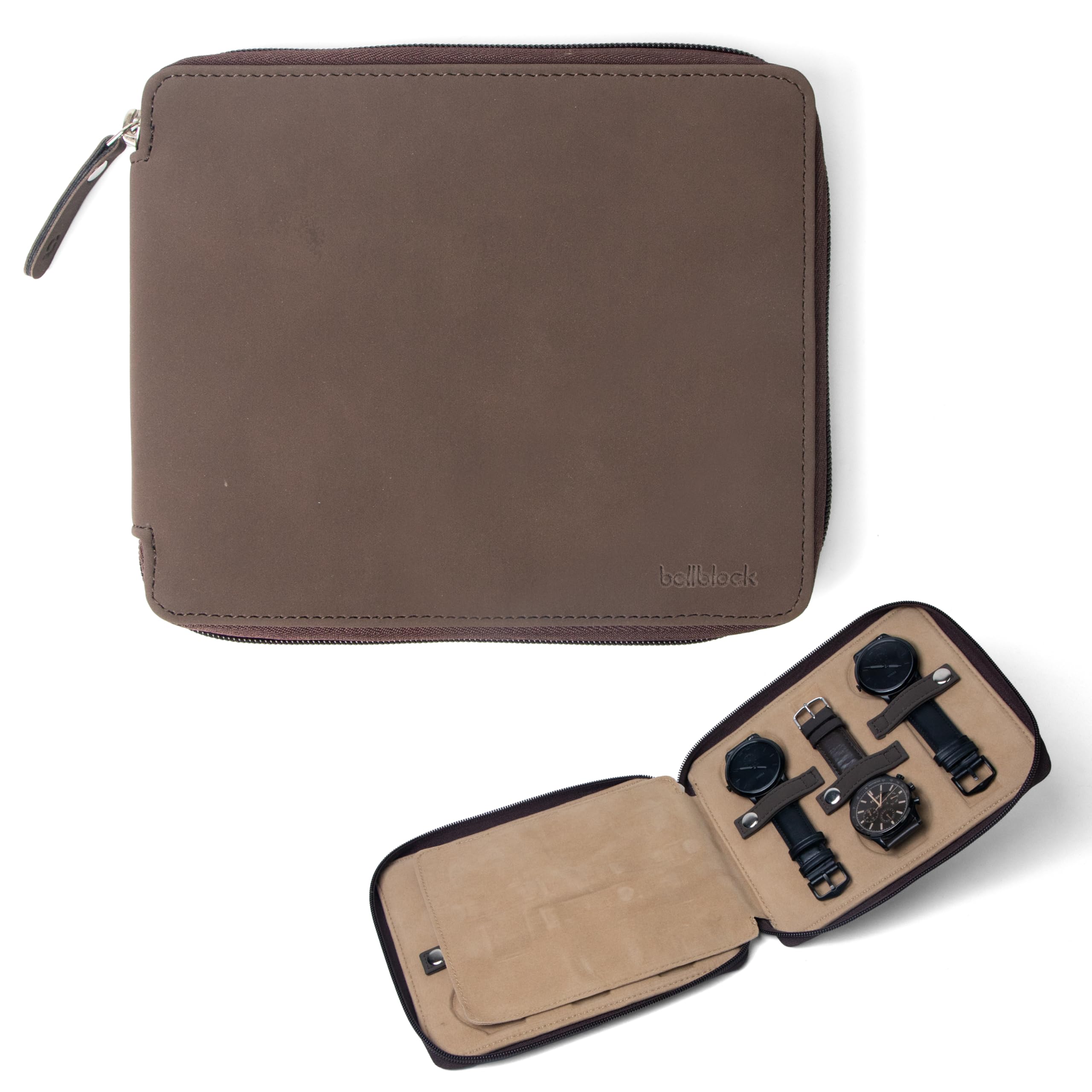 Bellblock Custodia per orologi da viaggio di alta qualità per uomo/donna, 6 scomparti con interno antigraffio, elegante e portatile, in pelle vegana, marrone