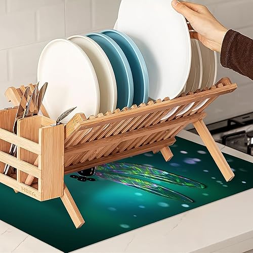 Miniatura 7 de Tapete de secado de platos de libélula de vidrio colorido, almohadilla de secado para encimera, platos de encimera, tapete de microfibra ultra