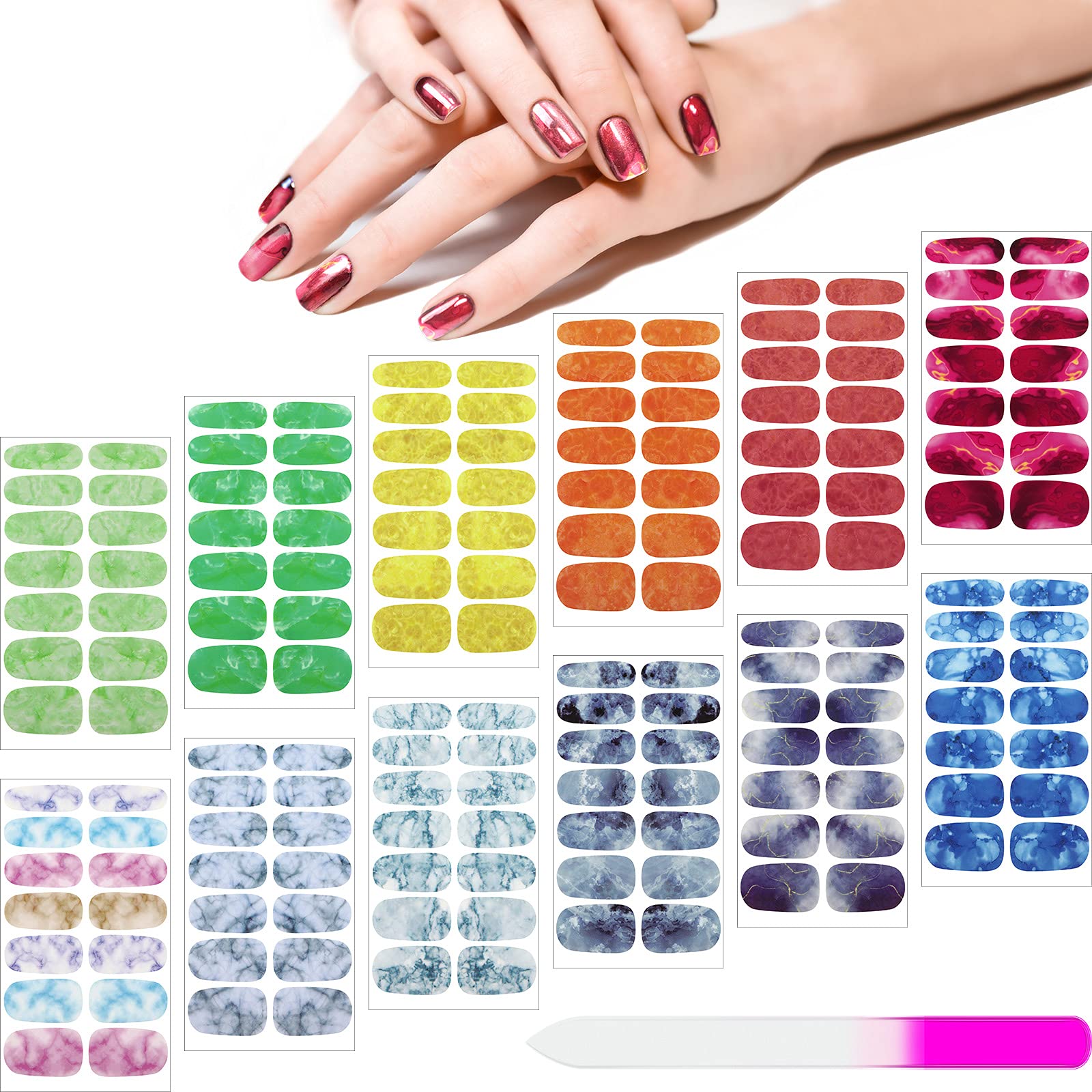 Maitys 168 Pcs 12 Sheets Full Wrap Nail Stickers Polish Strips Gradient Stickers Glitter Self Adhesive DIY Gel Nail Strips Decals with 1 Pcs