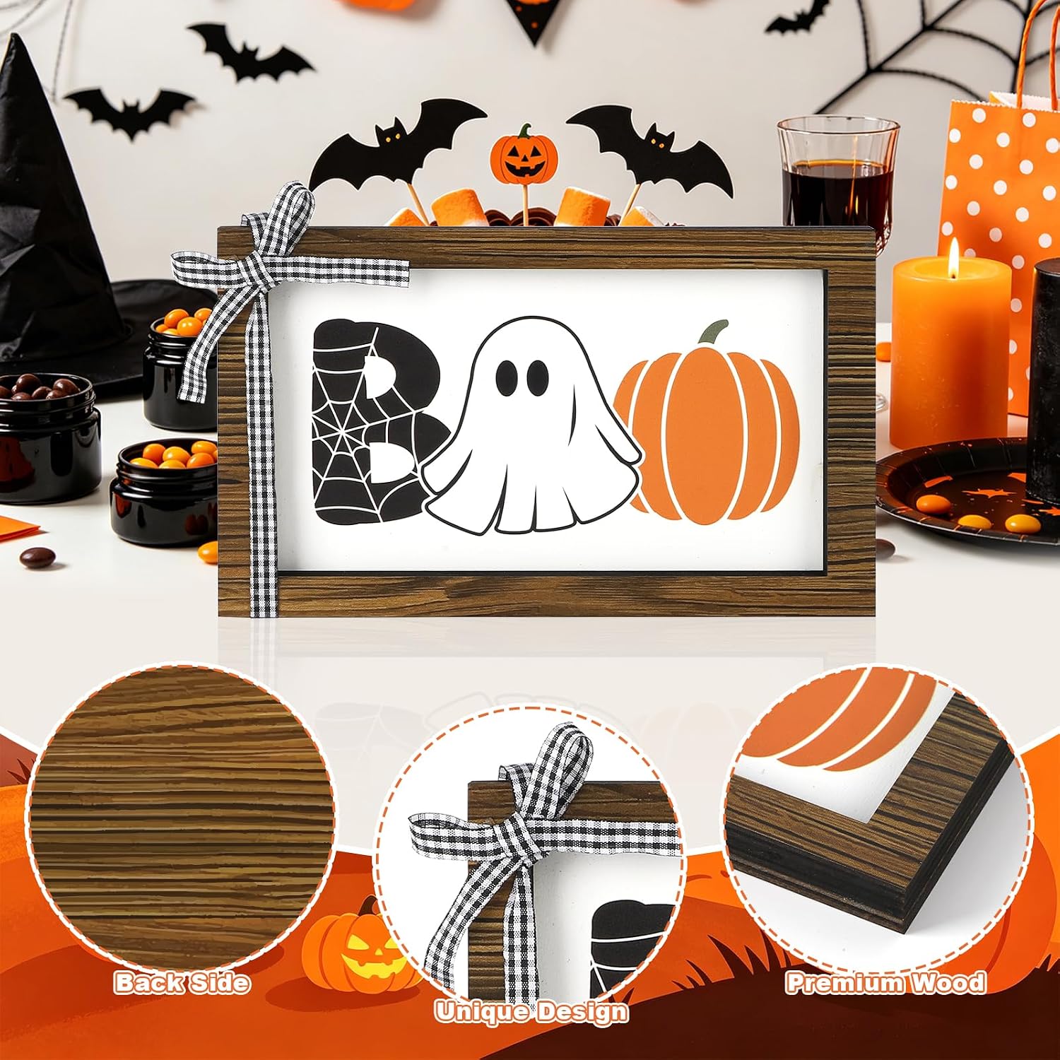 Rustic Halloween BOO Decorations for Office Home Table Mantel Shelf Desk