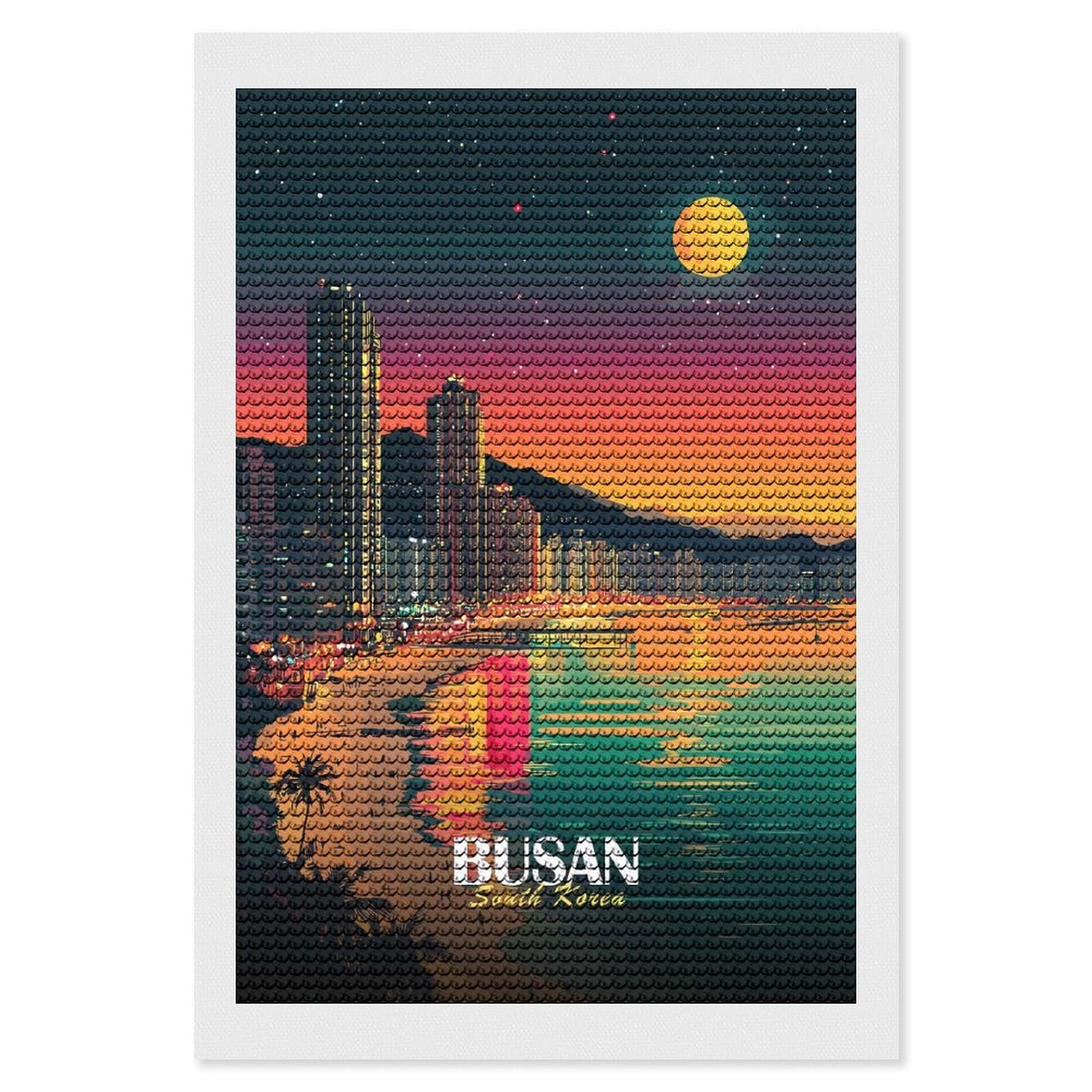 Junmoney Busan South Korea Night Cityscape Diamond Art Canvas 8"x12", for Creative Relaxation, Simple to Start, Aesthetic Room Decor, Holiday Gift Idea