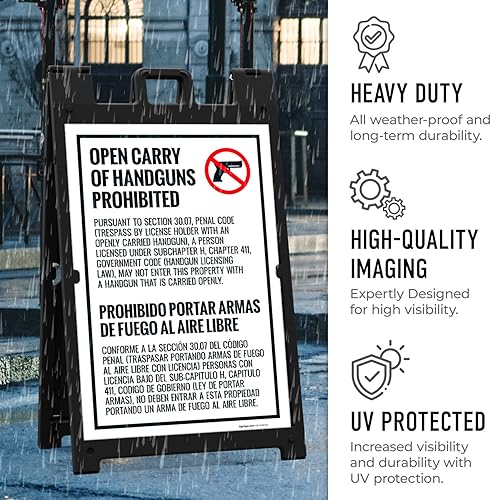 Miniatura 7 de Sigo Signs - Kit de letreros bilingües para acera de Texas con prohibición oculta SI-74332 24 x 36 pulgadas con un soporte de marco fabricado en