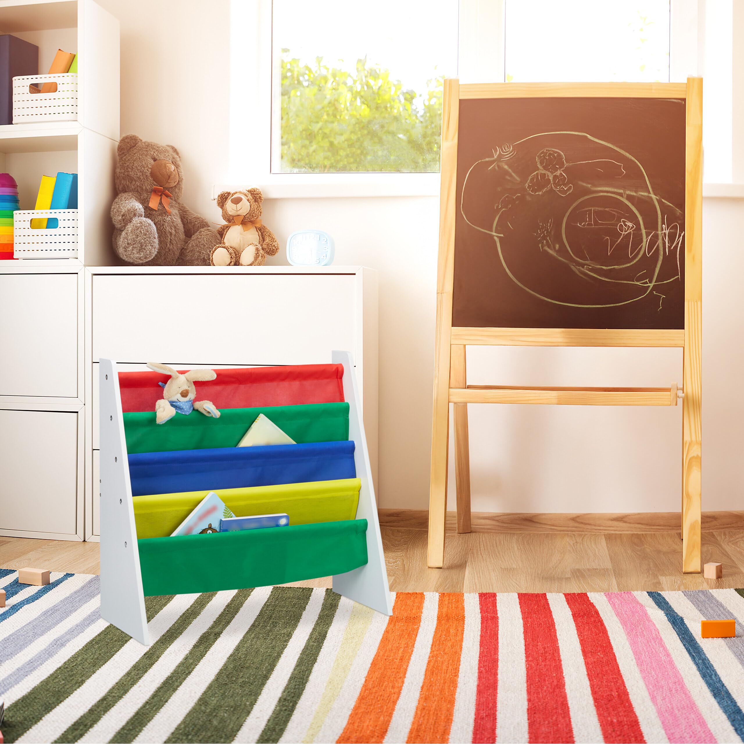 Relaxdays, Wielokolorowy regał na książki dla dzieci, regał do przechowywania, regał na zabawki, wykonany z płyty MDF + poliestru, z 4 półkami z materiału, żelazo, standardowy