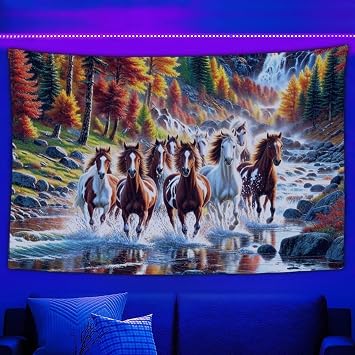 Supdreamc Hippie Blacklight Tapestries Beautiful Horses Running In River Waters Hanging Posters, Lightweight UV Reactive Picnic Blanket Decorative for College Dorm, Ceiling, 40x60 inch