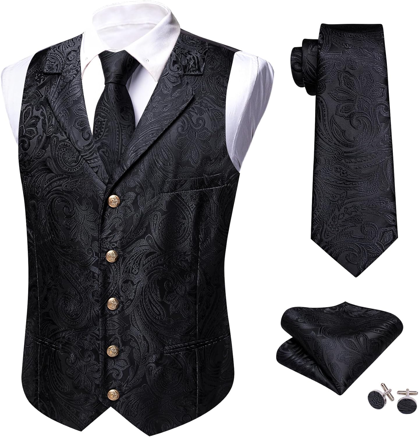 Barry.Wang Mens Silk Lapel/Shawl Collar Vest Tie Sleeve Holder Set Formal/Casual Paisley Vests Wedding Tuxedo Waistcoat - Image 4