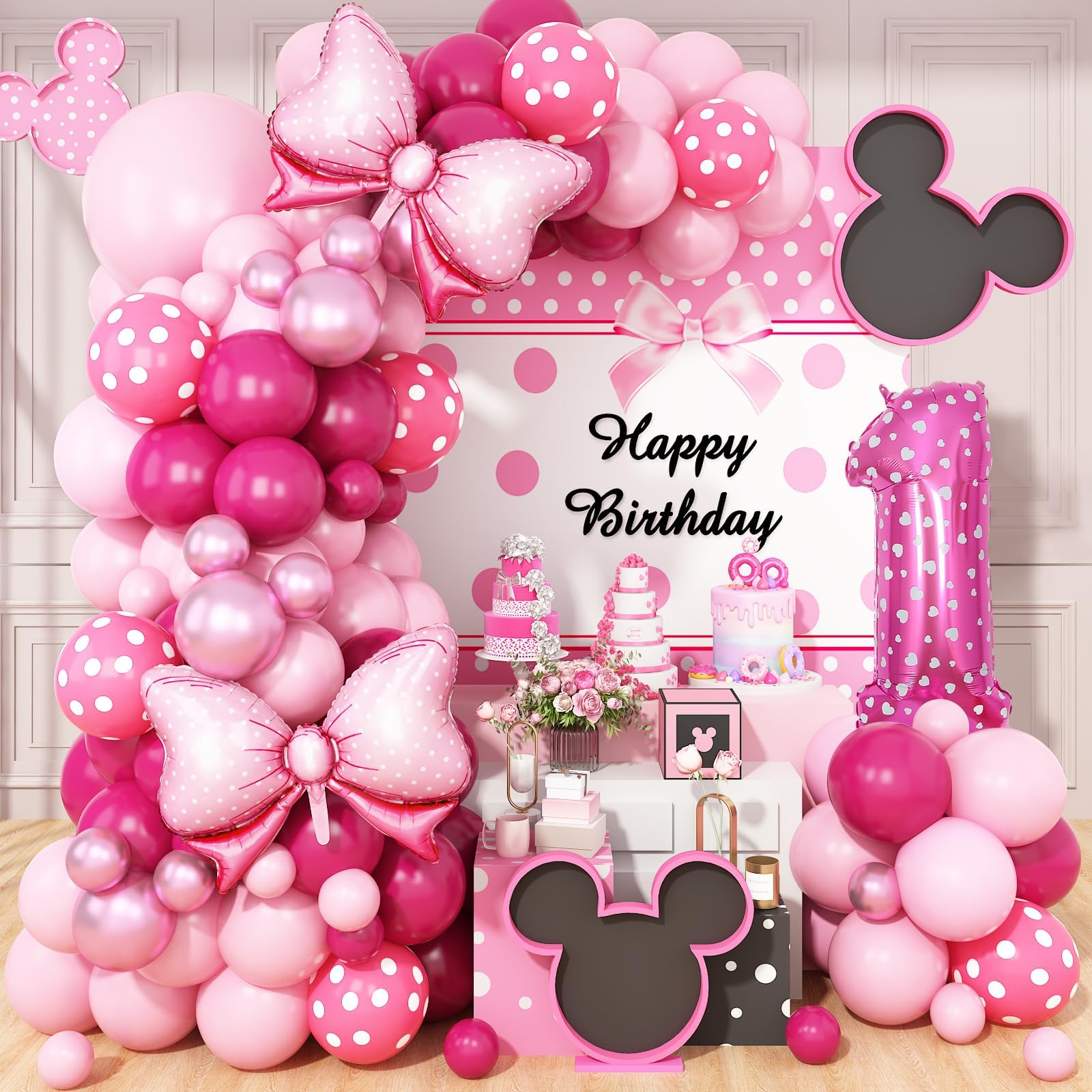Pink 1st Birthday Balloons Decorations, Hot Pink Rose Polka Dots Balloons Arch Kit, Huge Bow Foil Balloon, pink Number 1 Balloon Tower for Baby Shower Girls Princess 1st Theme PartyClimeCo CertifiedCarbonfree Certified
