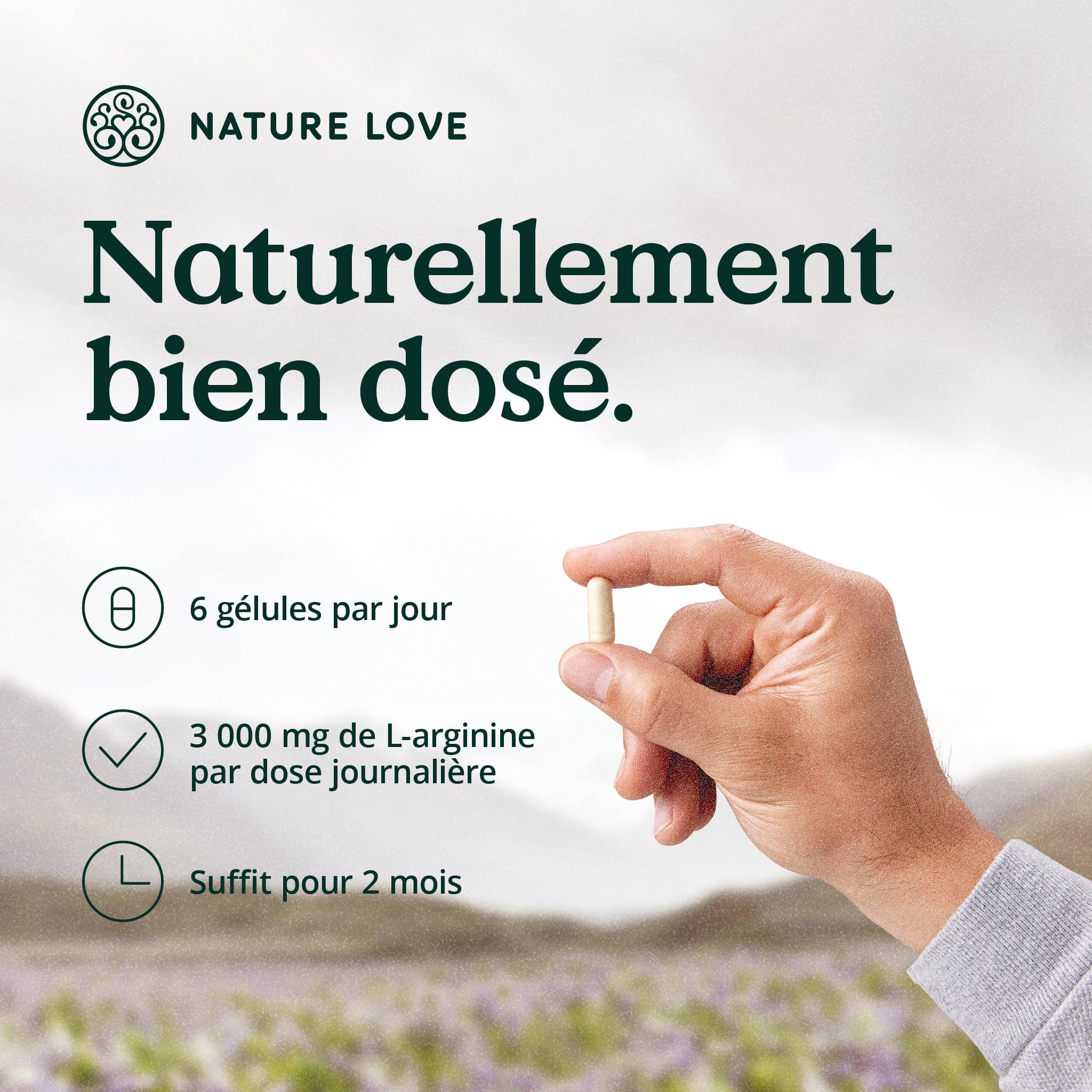 NATURE LOVE® L-arginine base avec citrulline - 365 gélules - Arginine végétale haute qualité en forme BASE avec une pureté de 99,7+% - Hautement dosé, végane, produit en Allemagne