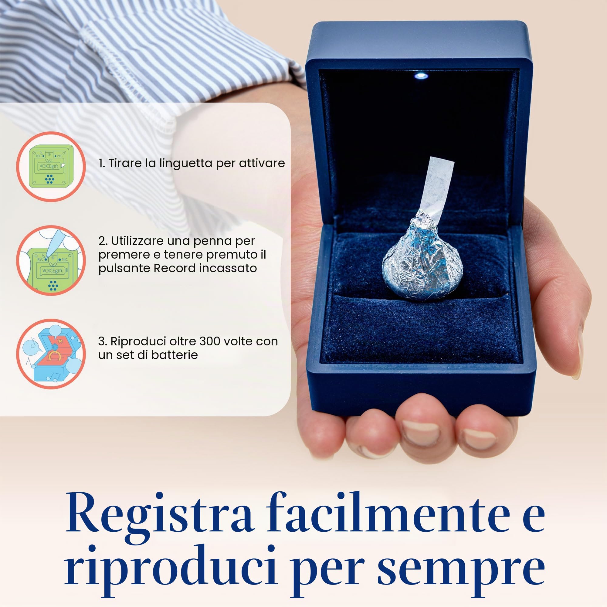 VOICEGIFT Registratore di suoni e audio da 60 secondi per cornici, album e album (Scatola ad anelli registrabile | Blu notte)