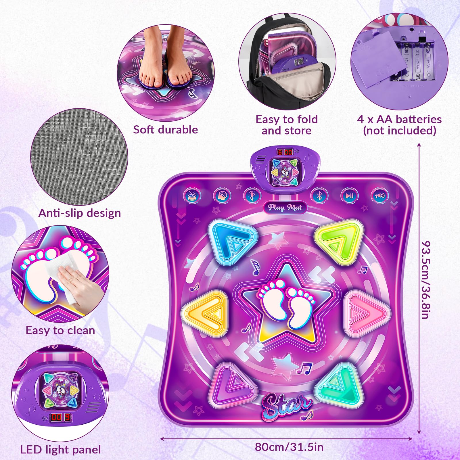 Bambini Tappetino da Ballo con 6 LED, Tappeto da Ballo con Bluetooth per 3 4 5 6 7 8+ Anni,Tappetino da Ballo Elettronico,Giocattolo Tappeto Musicale da Ballo,Regali di Natale di Compleanno (Viola)
